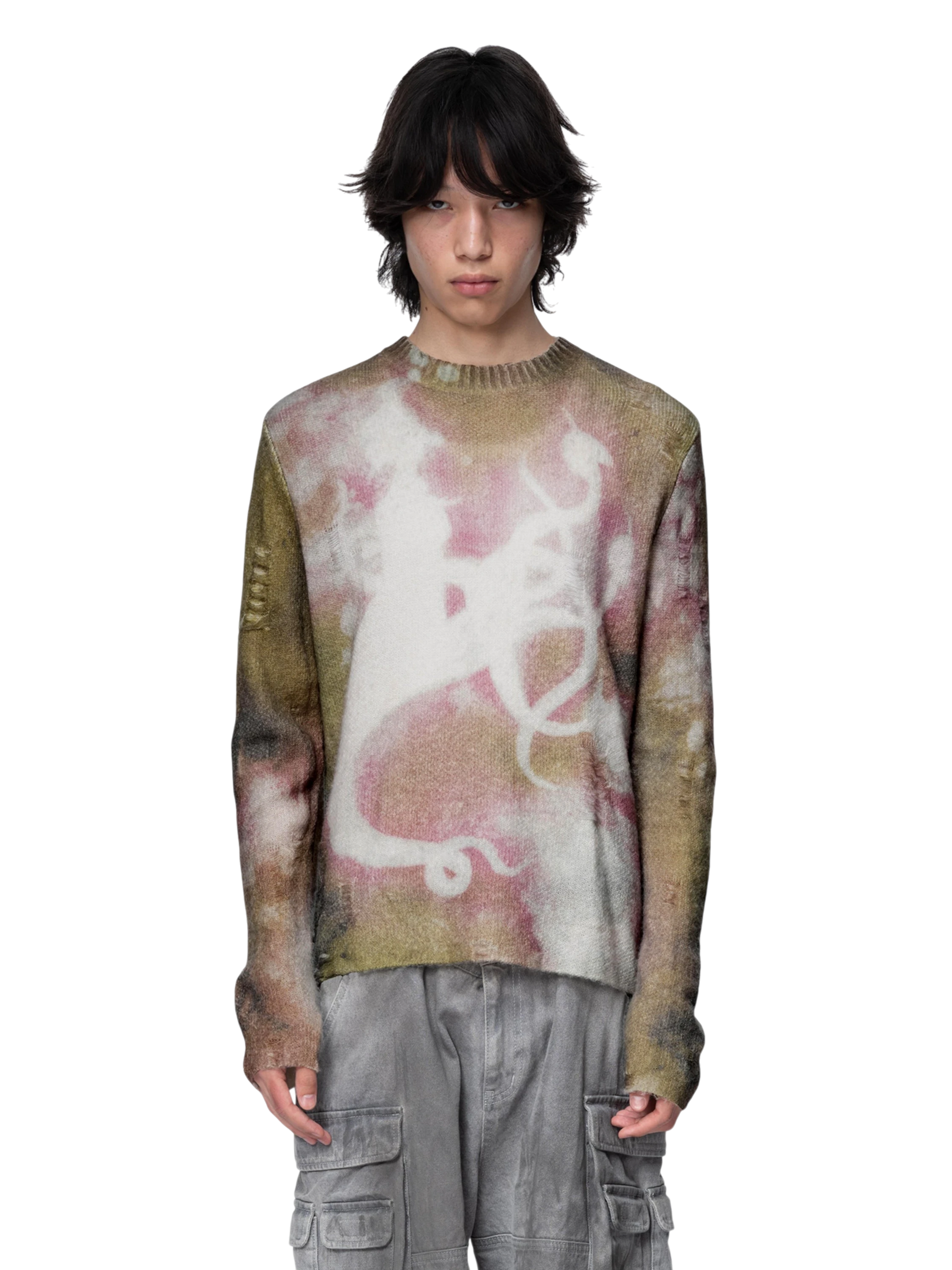 TBHNP Disciple all-over print distressed knit sweater — men's streetwear knitwear