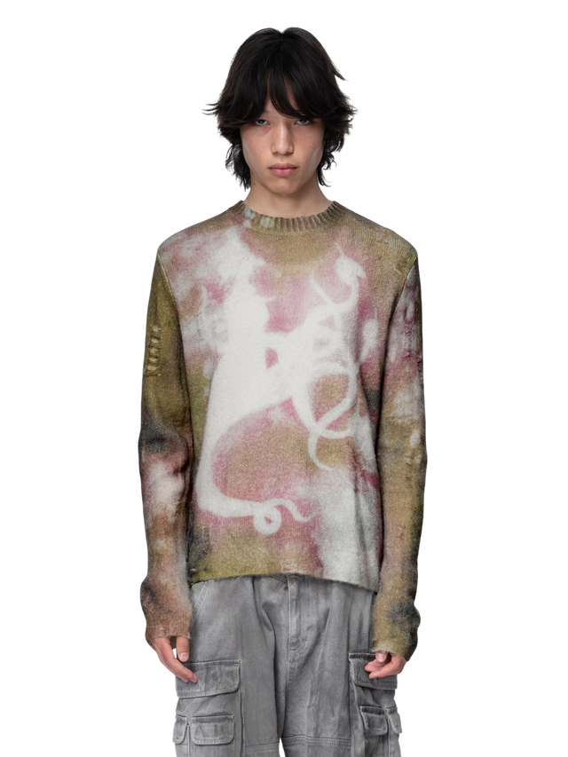 ALL-OVER PRINT DISTRESSED KNIT SWEATER