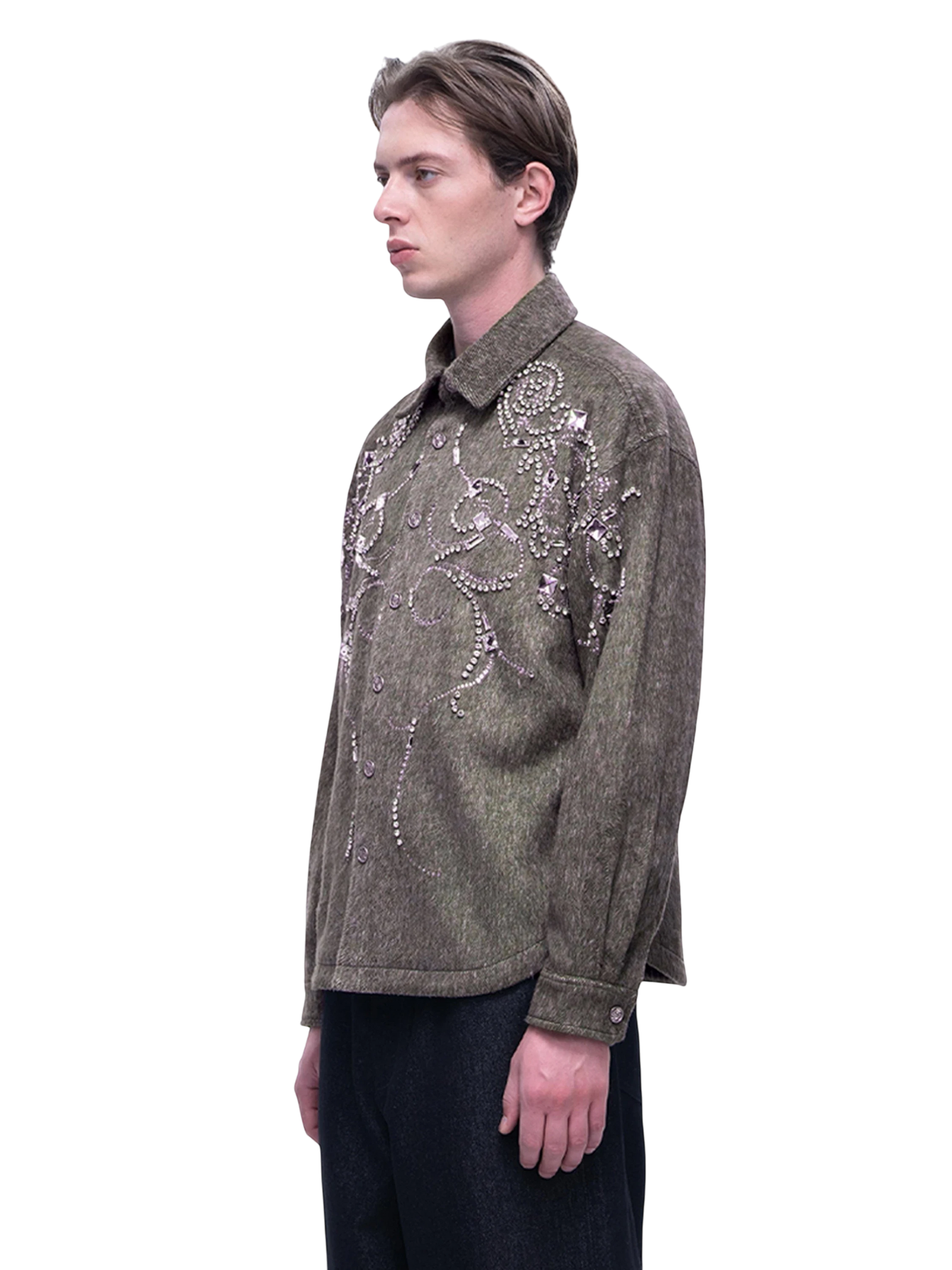 TBHNP Luminous Dawn rhinestone embellished wool-blend shirt — men's gothic streetwear shirt