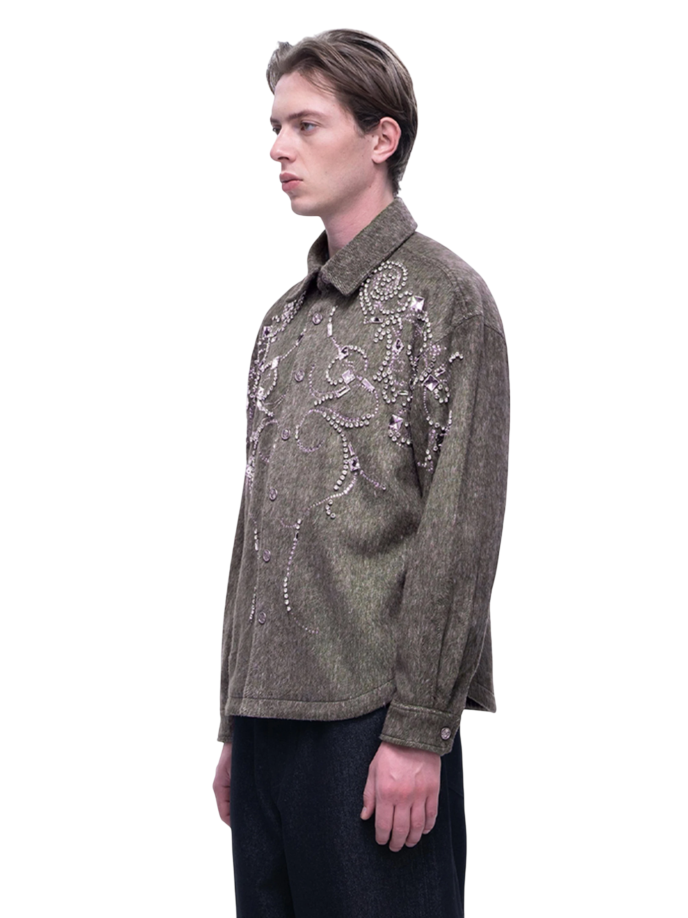 TBHNP Luminous Dawn rhinestone embellished wool-blend shirt — men's gothic streetwear shirt