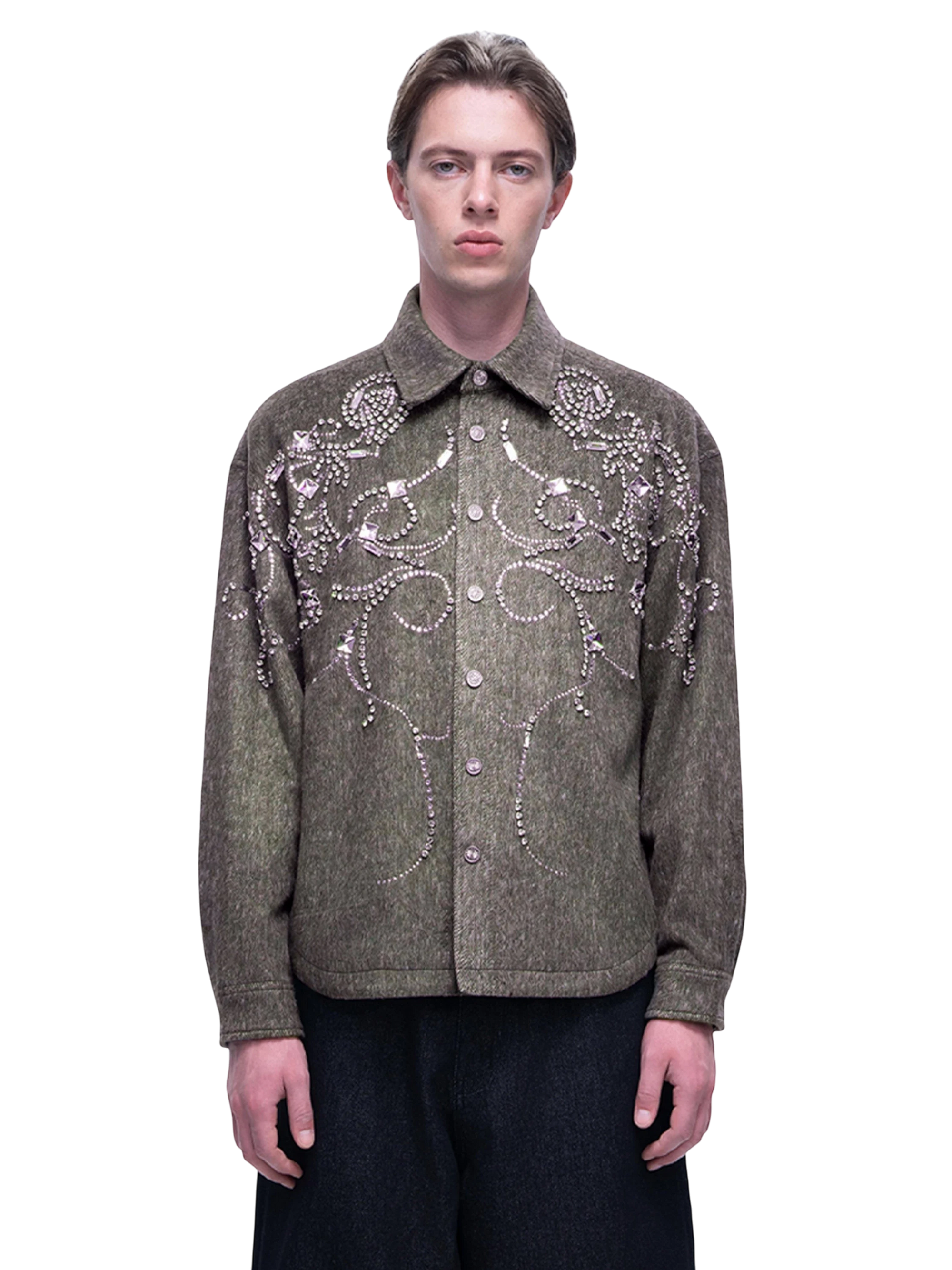 TBHNP Luminous Dawn rhinestone embellished wool-blend shirt — men's gothic streetwear shirt