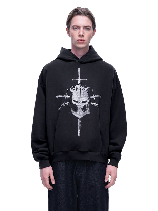 LUMINOUS DAWN KNIGHT AND SWORD PRINTED HOODIE
