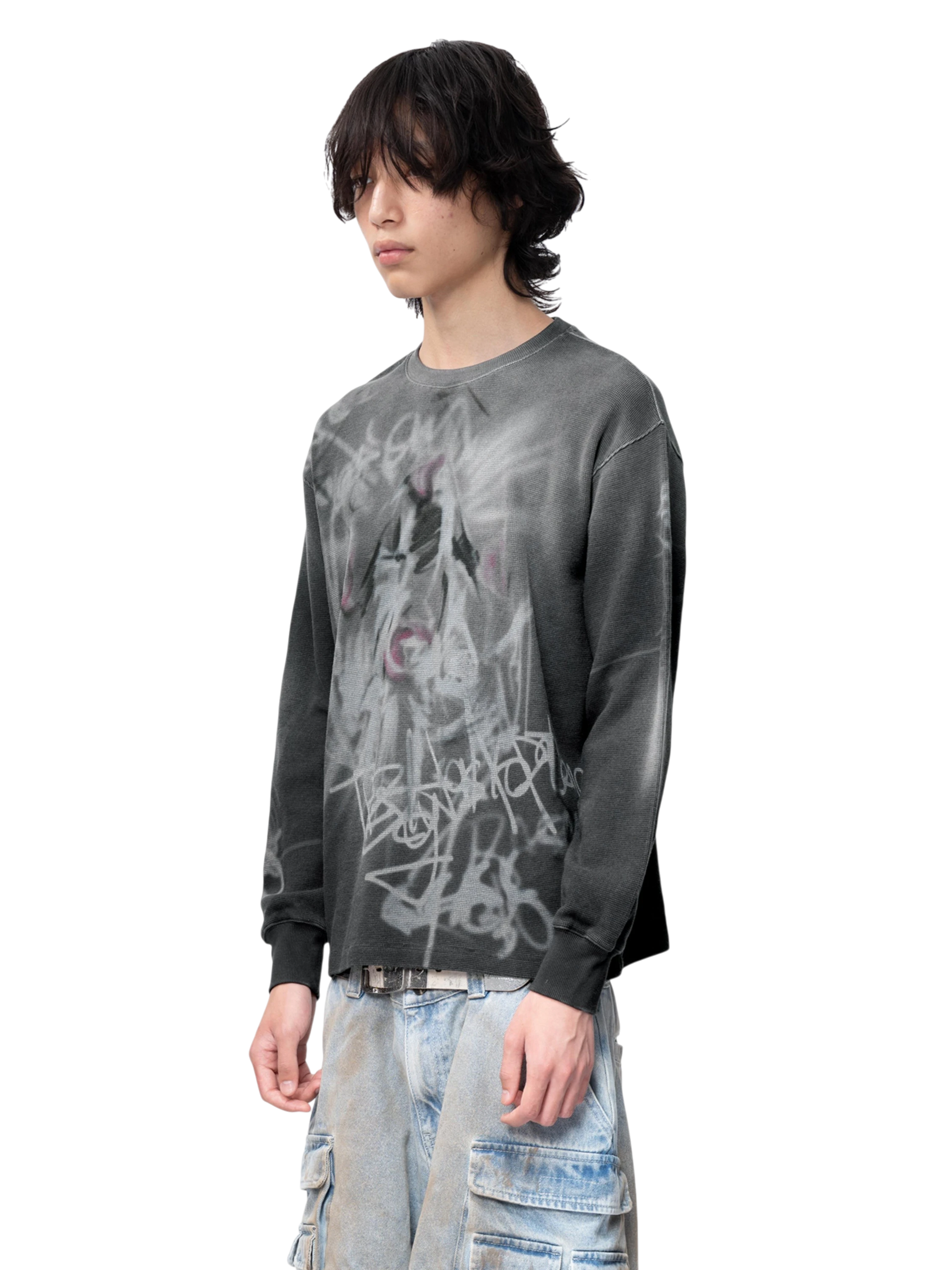 TBHNP Disciple graffiti spray long-sleeve tee, dark grey — men's streetwear graphic tee