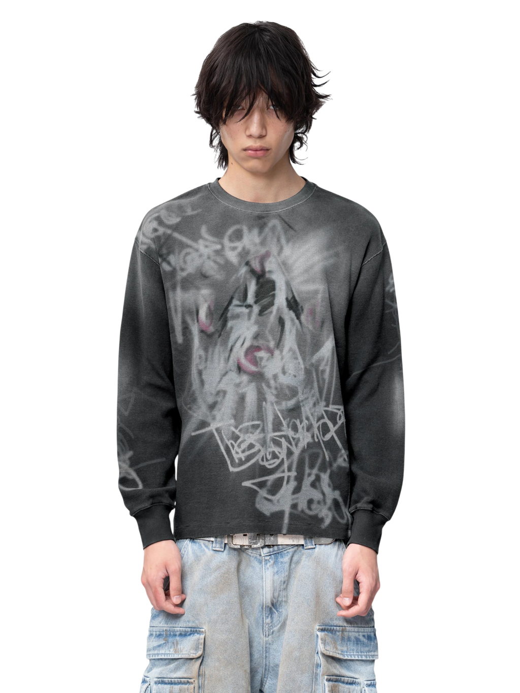 TBHNP Disciple graffiti spray long-sleeve tee, dark grey — men's streetwear graphic tee