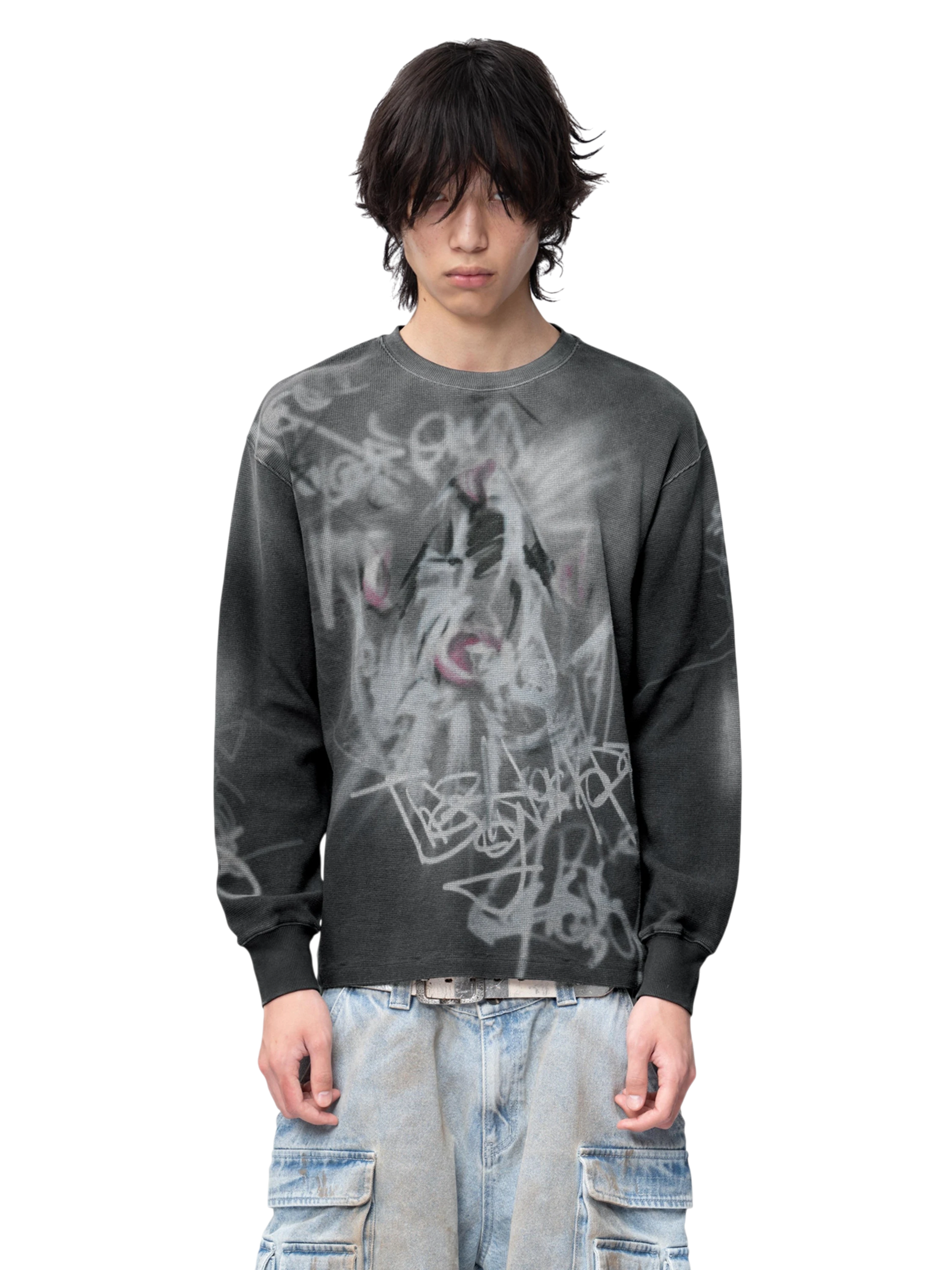 TBHNP Disciple graffiti spray long-sleeve tee, dark grey — men's streetwear graphic tee