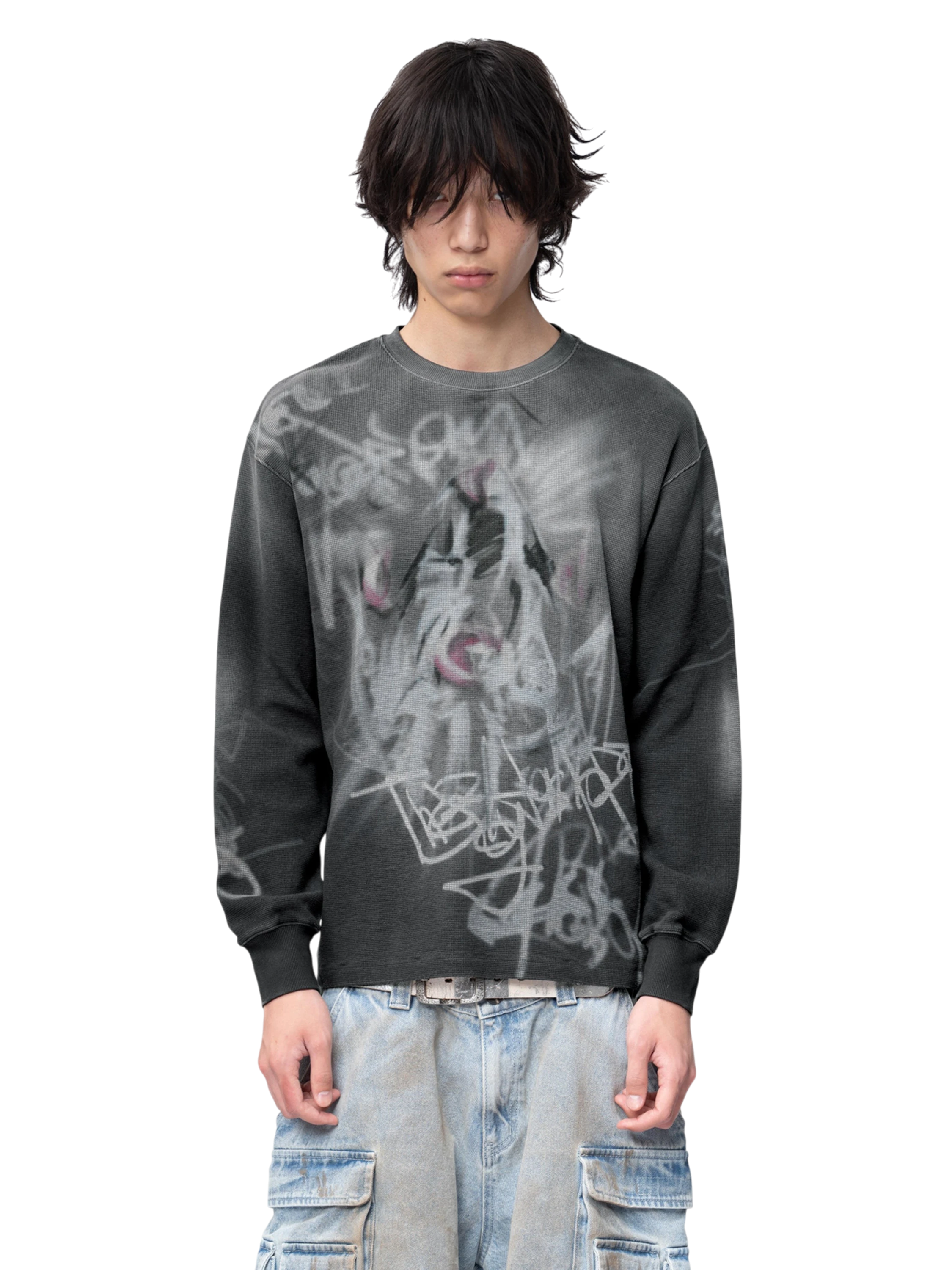 TBHNP Disciple graffiti spray long-sleeve tee, dark grey — men's streetwear graphic tee