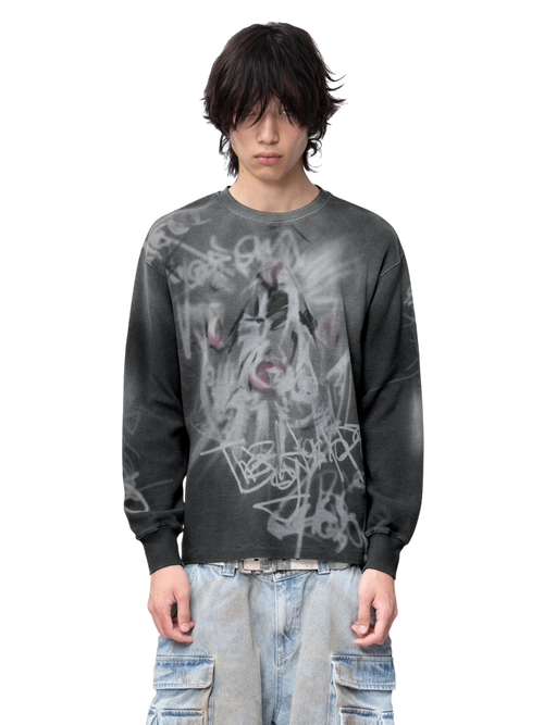 TBHNP Disciple graffiti spray long-sleeve tee, dark grey — men's streetwear graphic tee