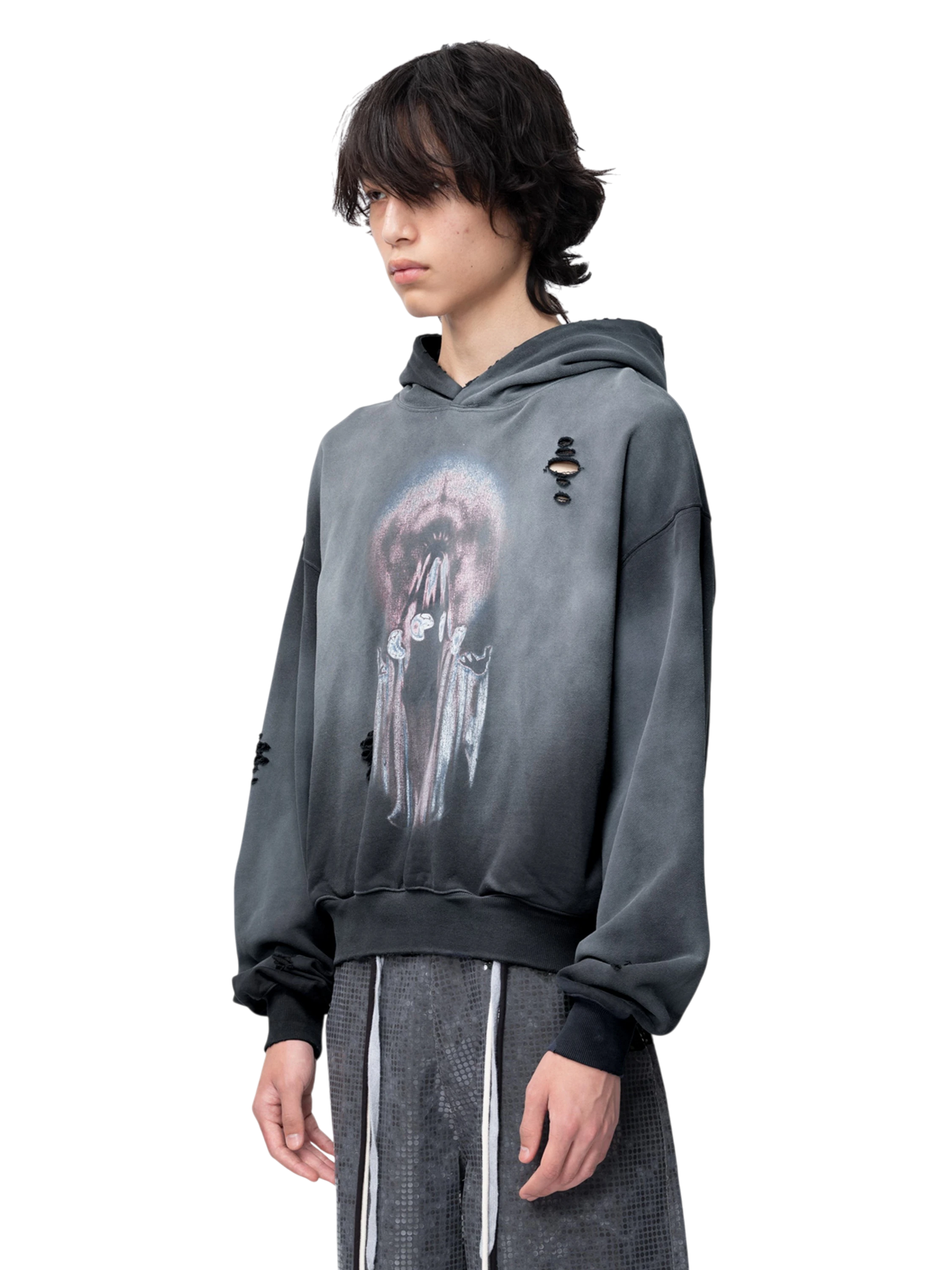 TBHNP Disciple slash-destroyed printed hoodie, blue-grey — men's streetwear hoodie
