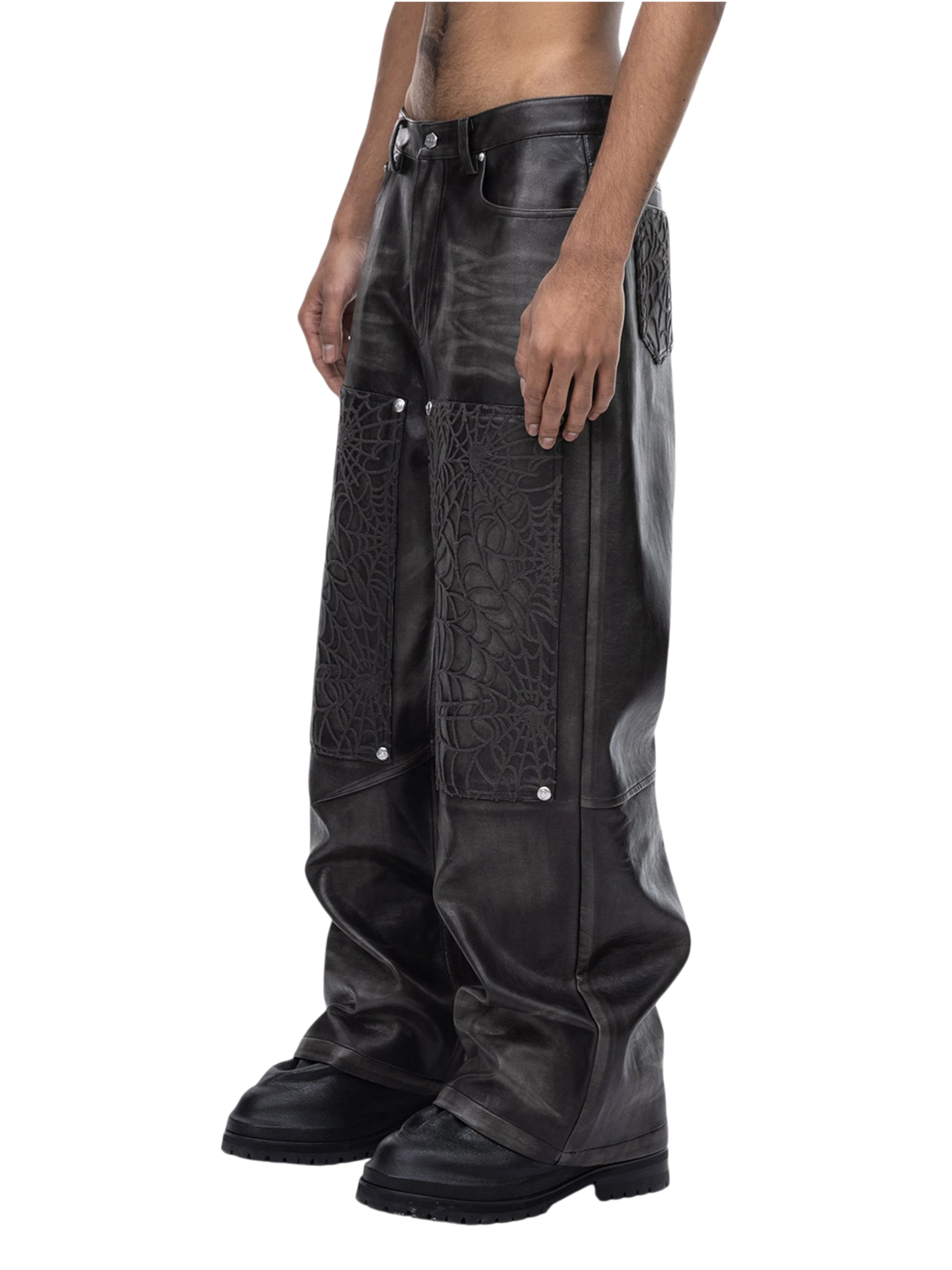 TBHNP Eclipse of the Blood Moon cobweb embroidered faux leather pants — men's gothic streetwear trousers