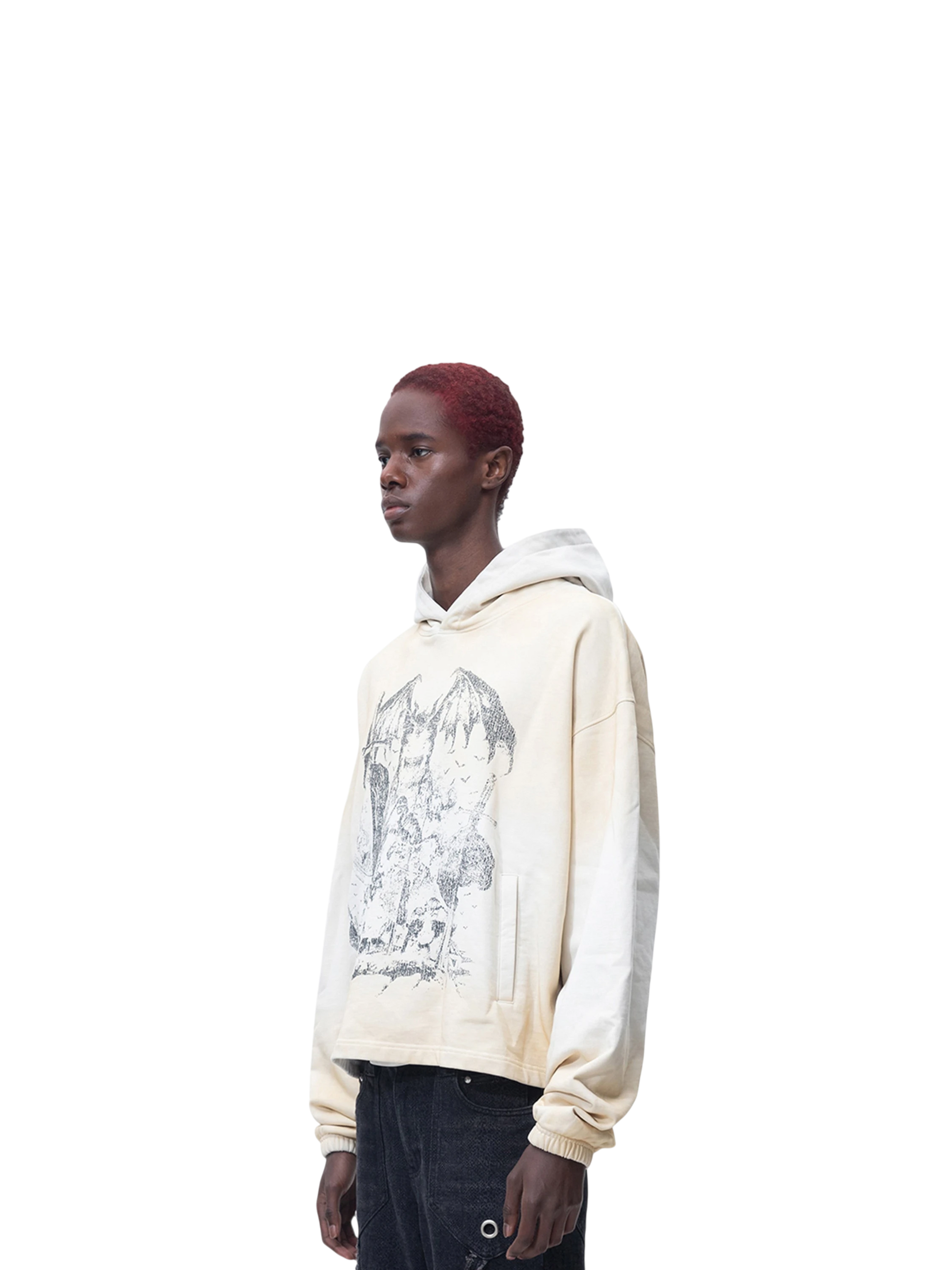 Model styling TBHNP grayish-yellow arrival knight hoodie, front detail — men's streetwear hoodie