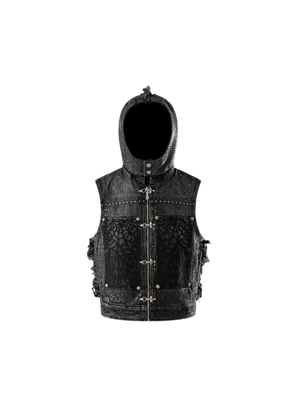 TBHNP Luminous Dawn cobweb distressed denim vest — men's streetwear vest