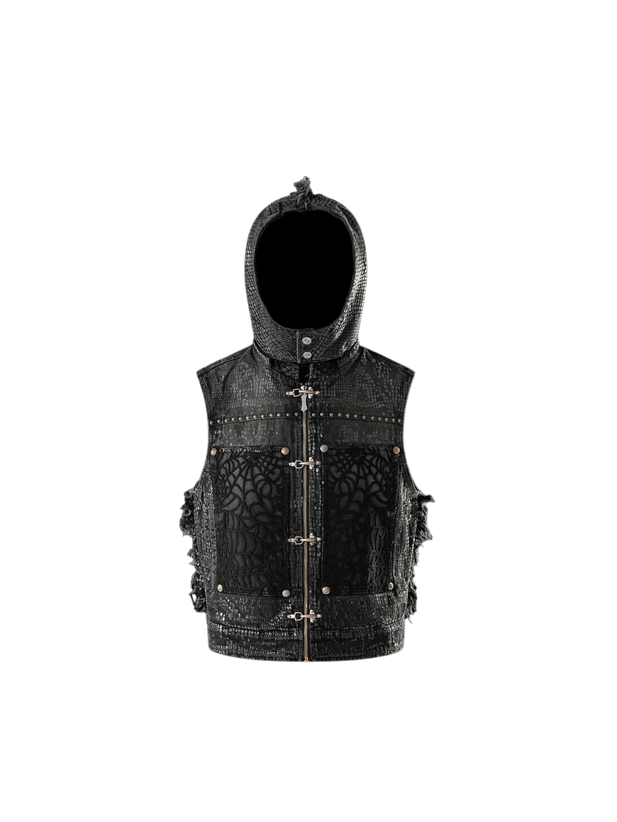 TBHNP Luminous Dawn cobweb distressed denim vest — men's streetwear vest