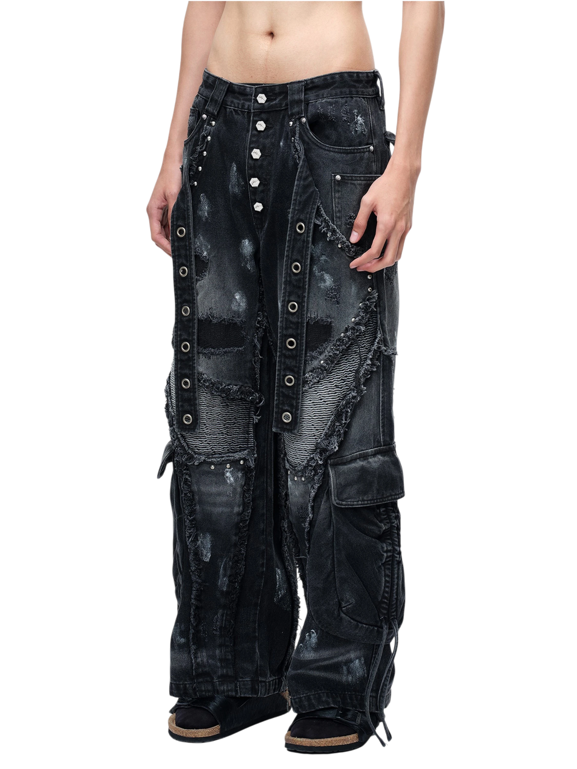 TBHNP Luminous Dawn rivet ribbon baggy jeans, black — men's streetwear denim