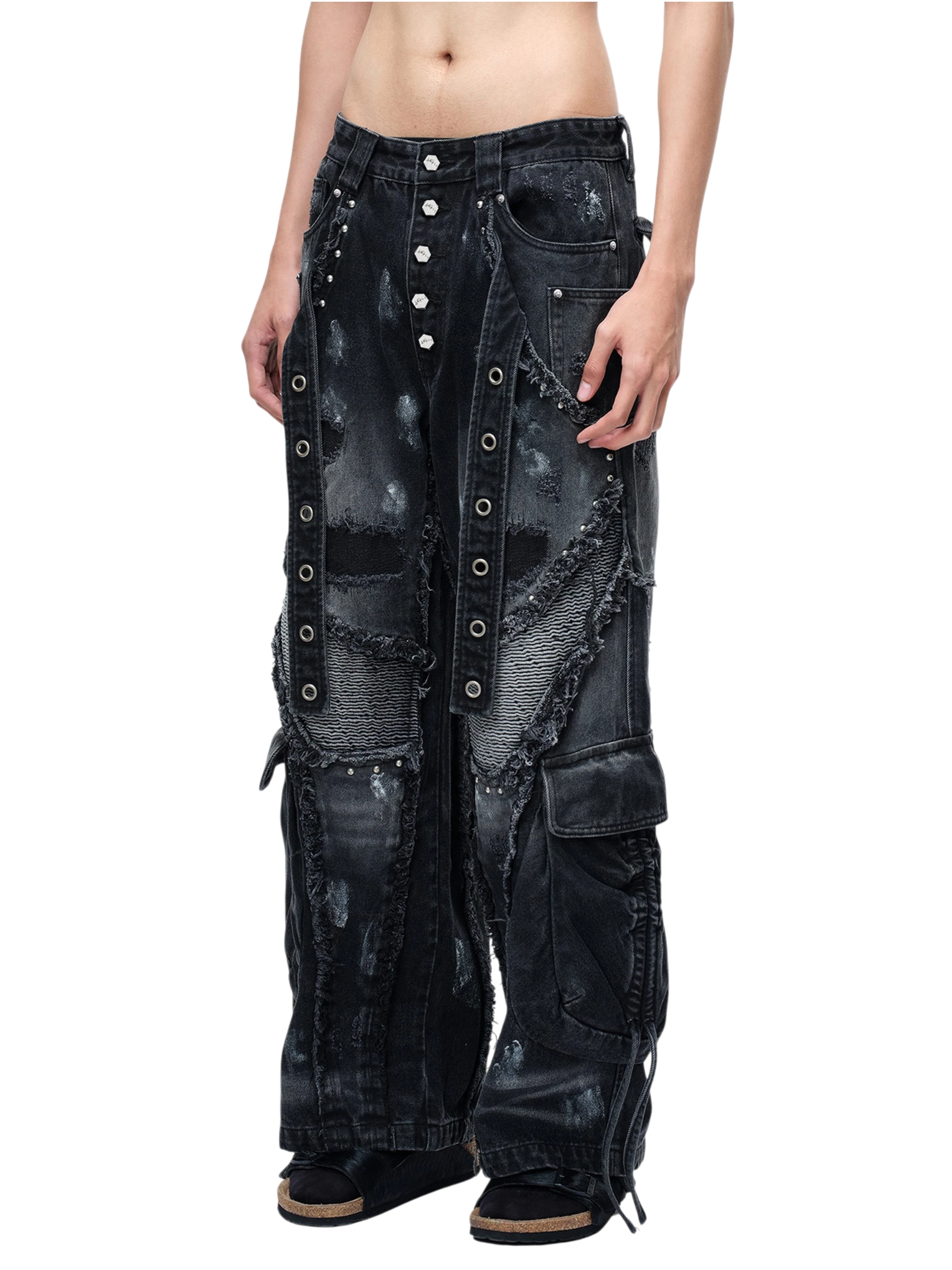 TBHNP Luminous Dawn rivet ribbon baggy jeans, black — men's streetwear denim