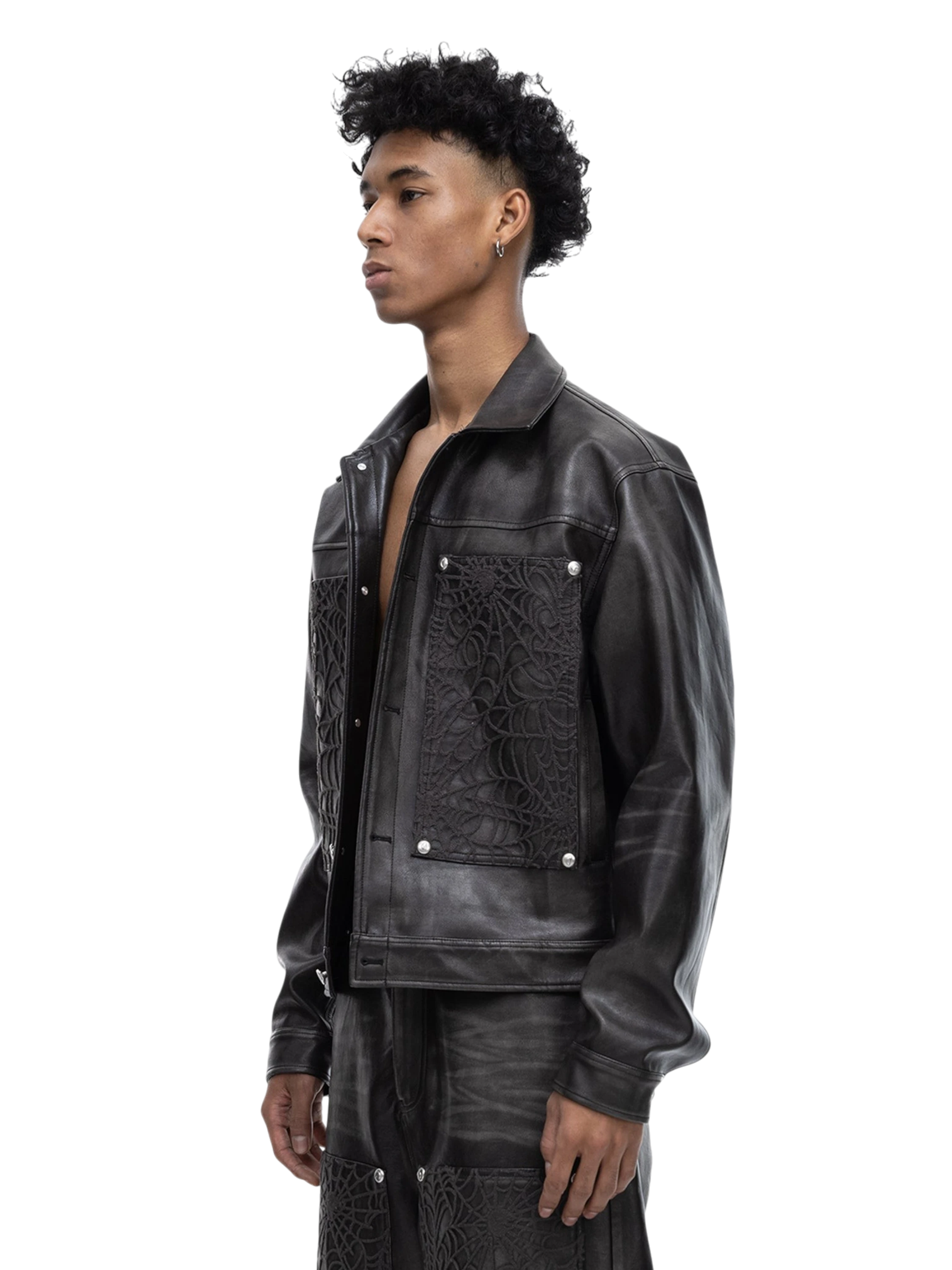 TBHNP Eclipse of the Blood Moon cobweb embroidered faux leather jacket — men's gothic streetwear jacket