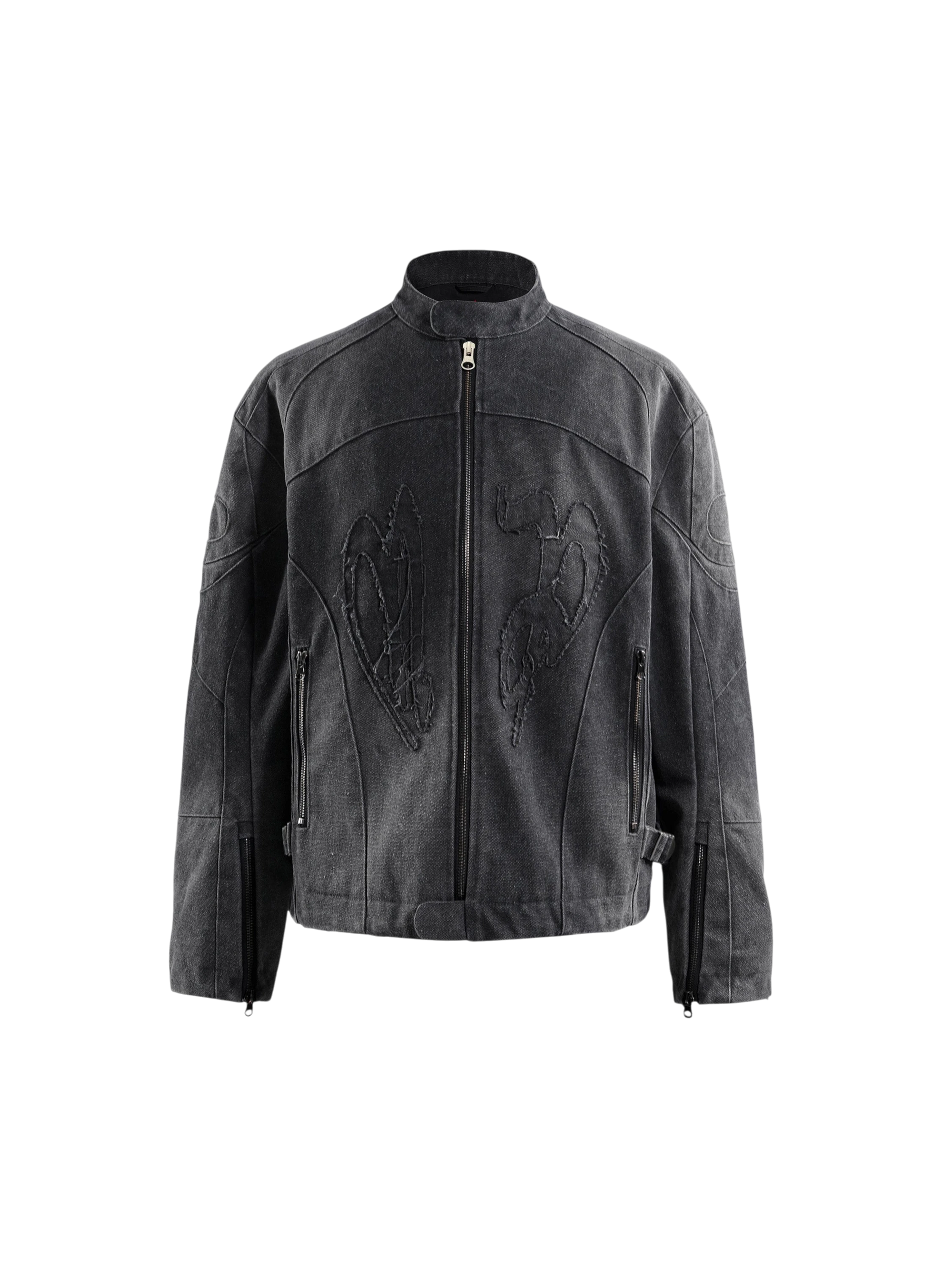 TBHNP Prince of Darkness canvas moto jacket in black, front view — men's streetwear jacket