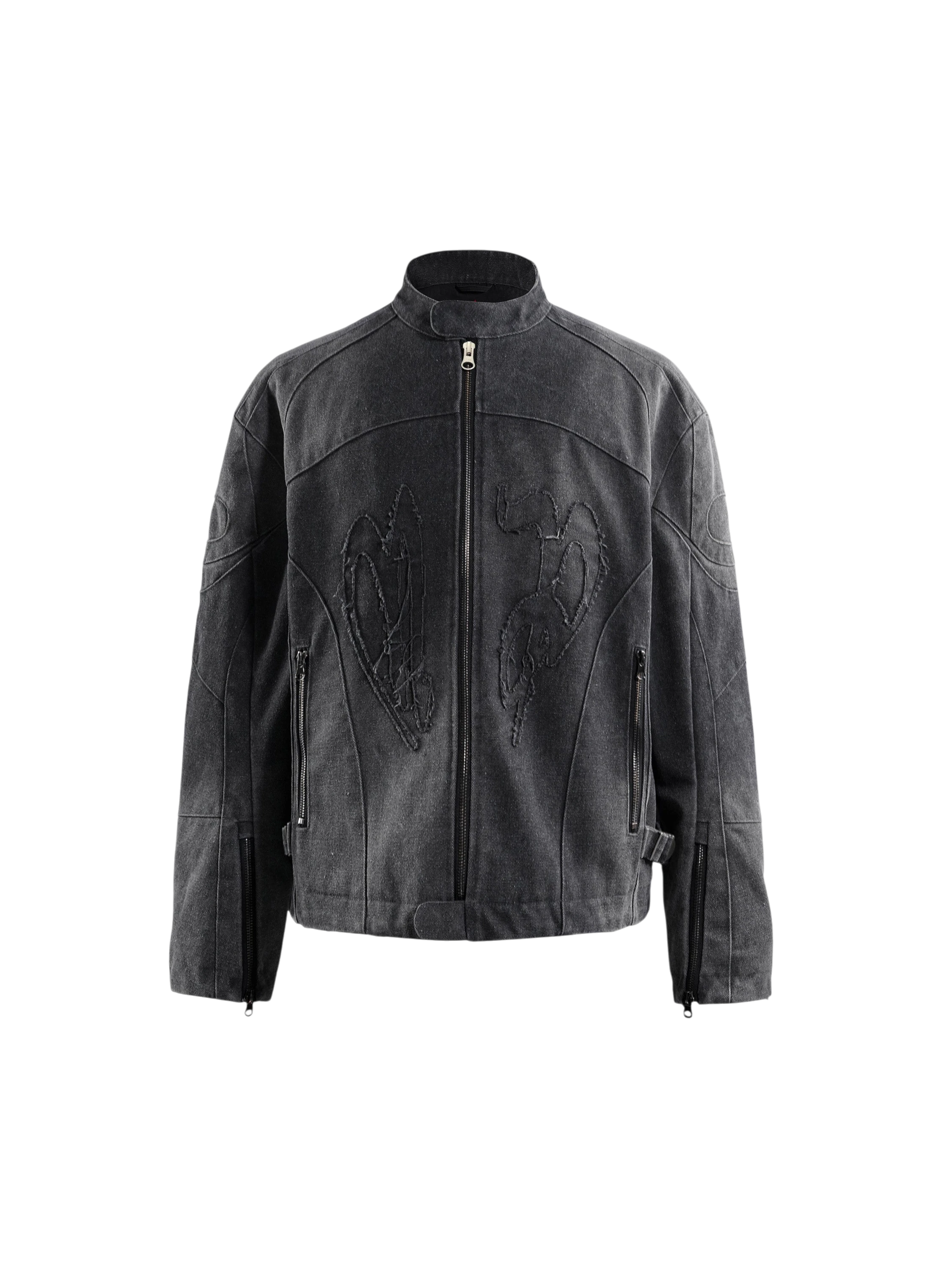 TBHNP Prince of Darkness canvas moto jacket in black, front view — men's streetwear jacket
