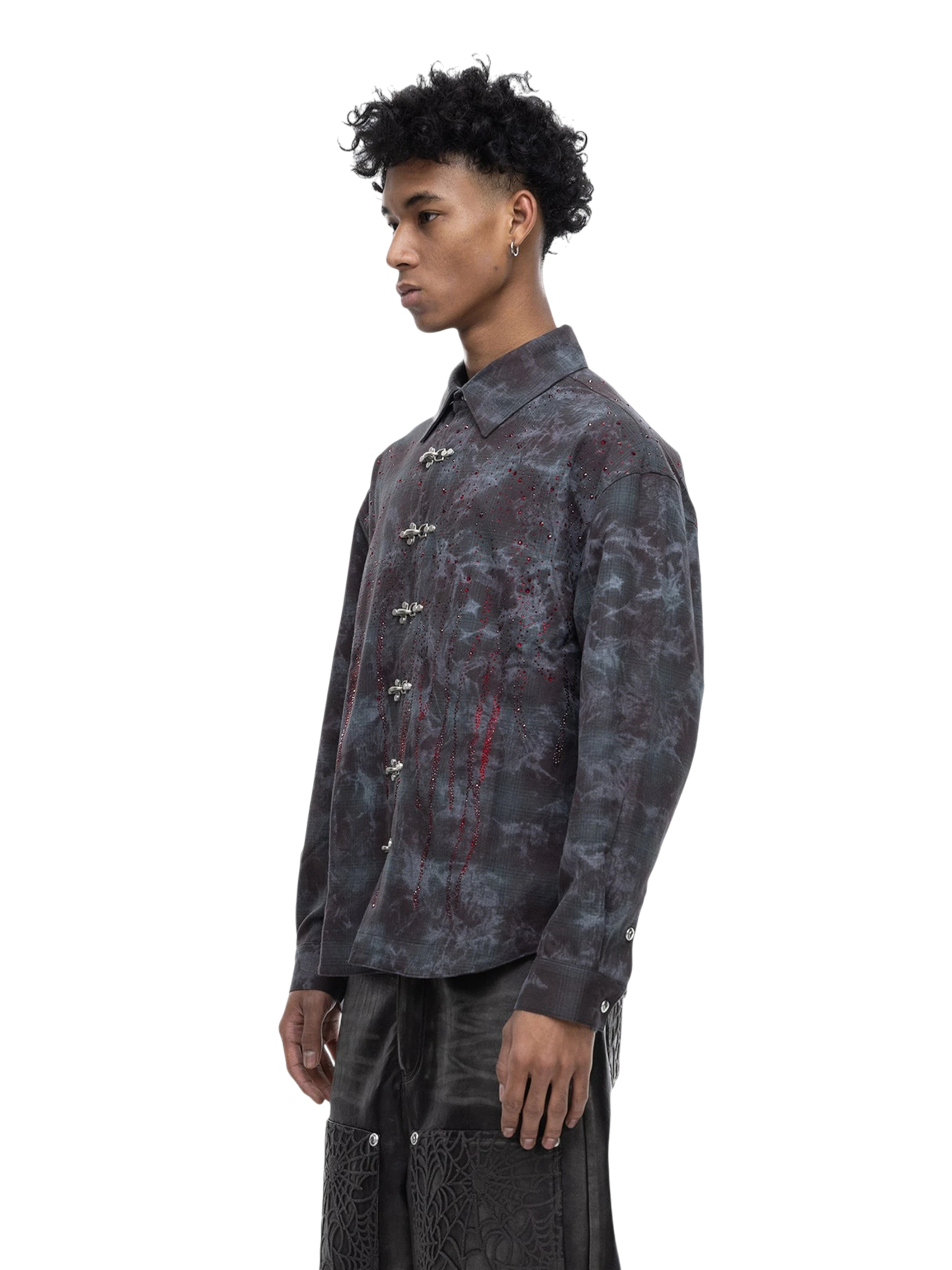 TBHNP Eclipse of the Blood Moon rhinestone buckle plaid flannel shirt — men's gothic streetwear button-up