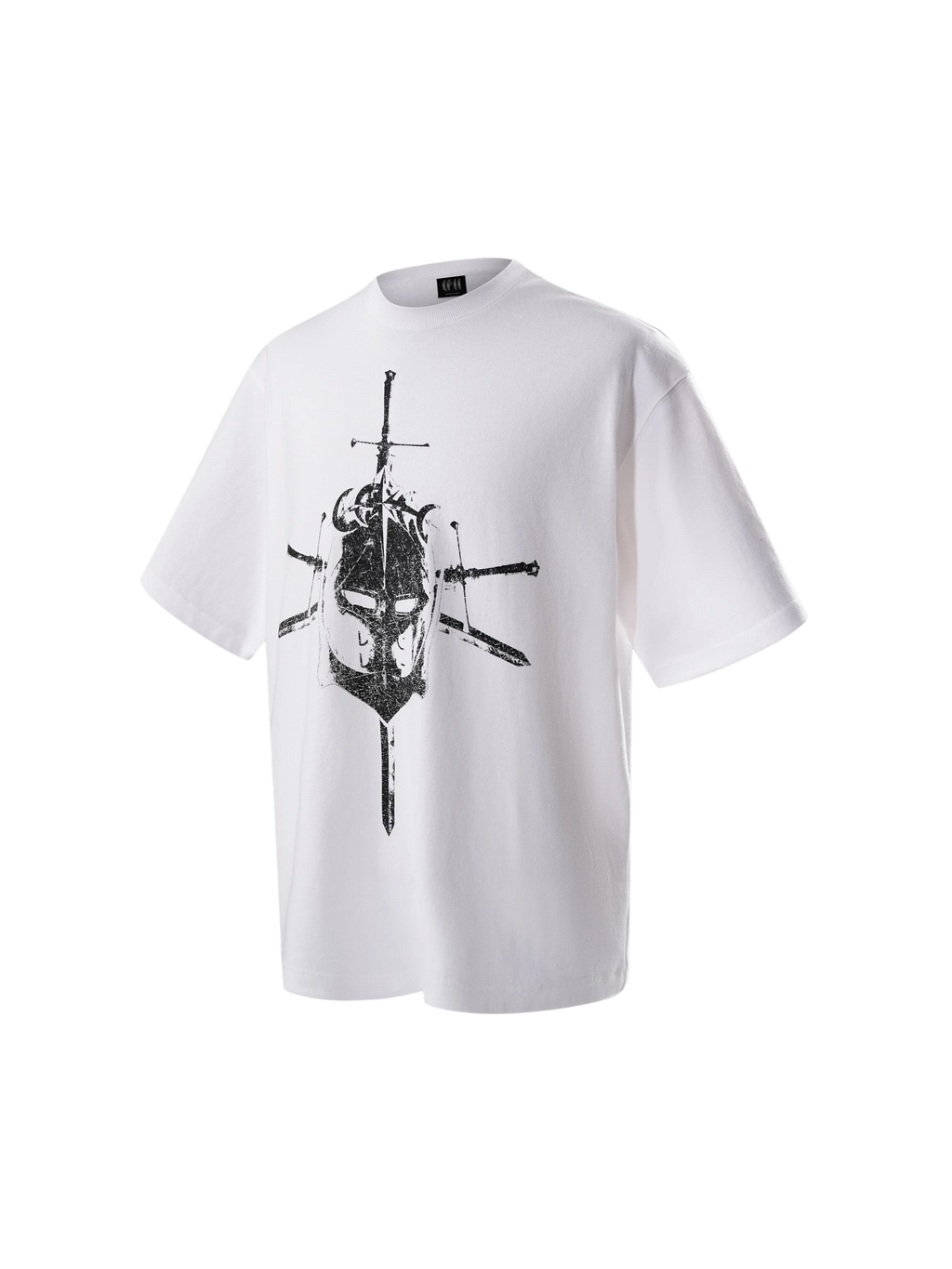 TBHNP white Knight & Sword tee, front flat-lay — men's streetwear tee