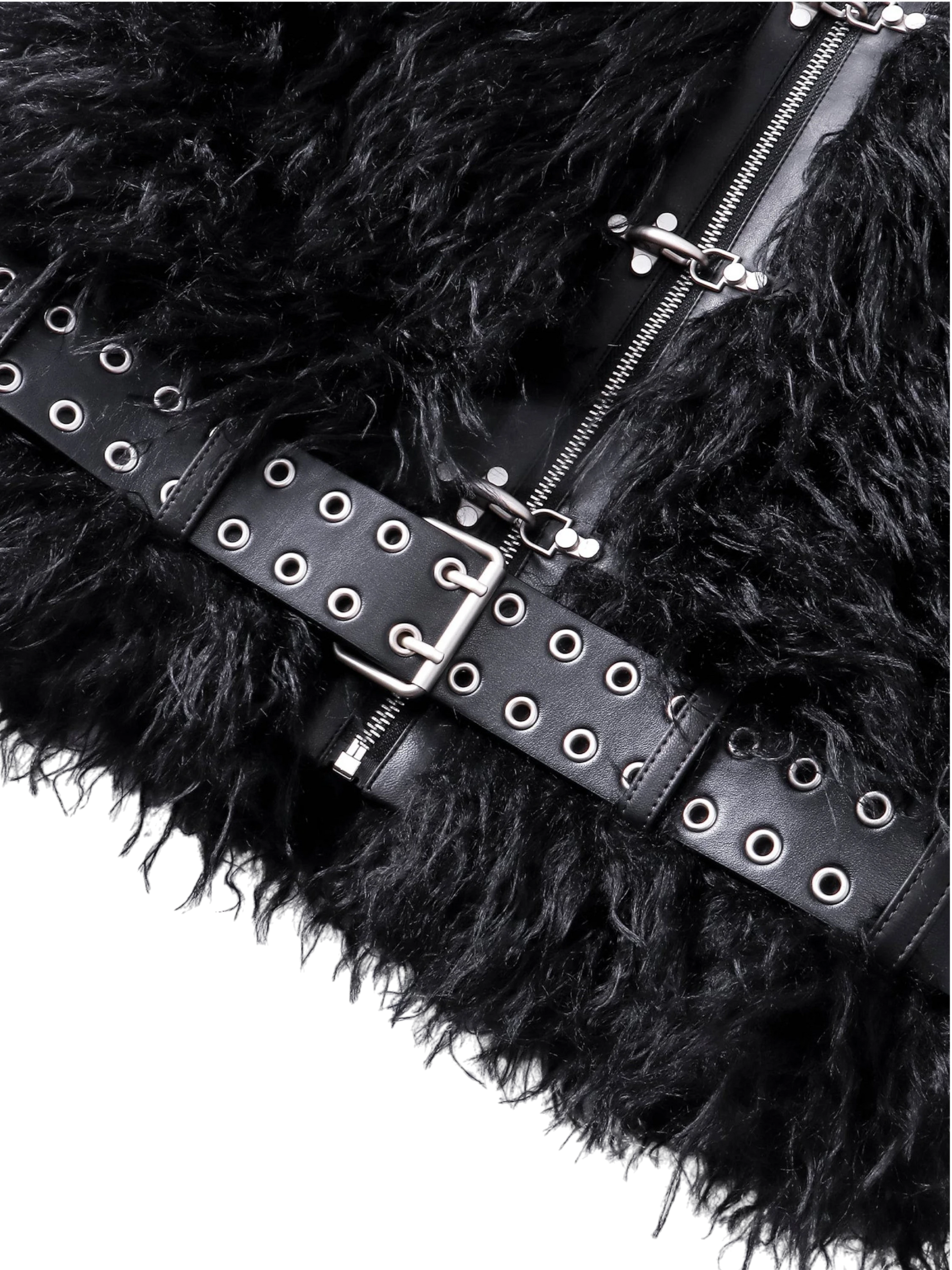 Close-up of the studded buckle belt on TBHNP black faux-fur bomber — men's streetwear detail