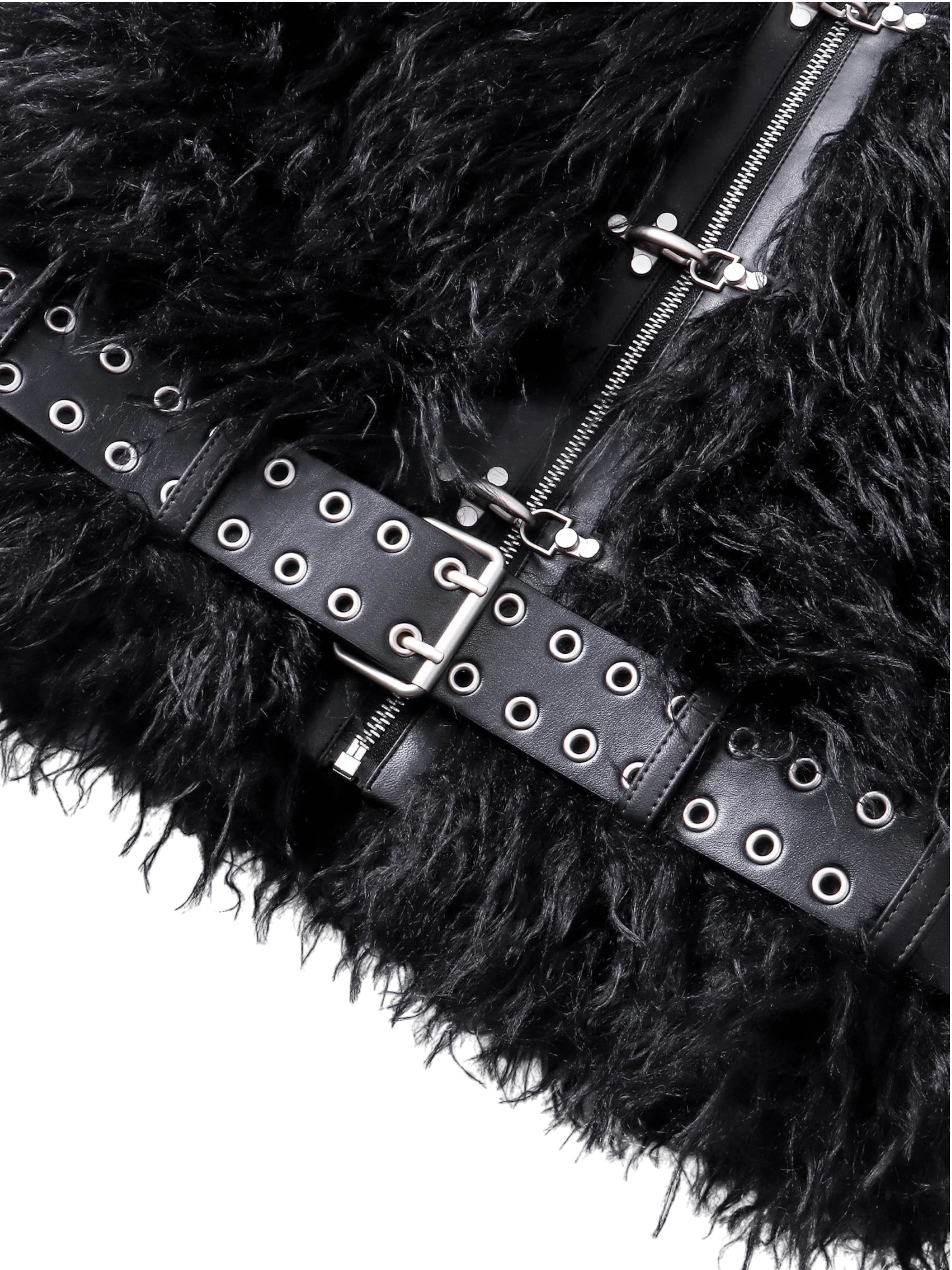 Close-up of the studded buckle belt on TBHNP black faux-fur bomber — men's streetwear detail