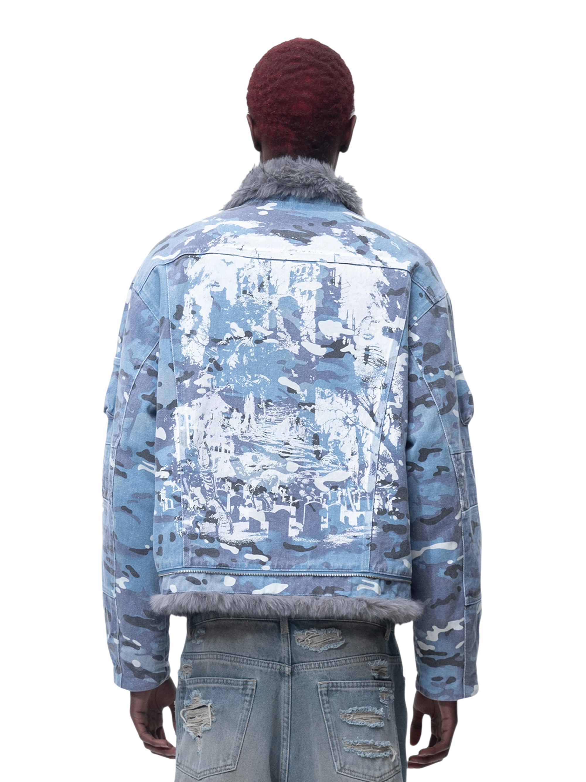 TBHNP Eclipse of the Blood Moon blue camo padded fur-collar jacket — men's streetwear jacket