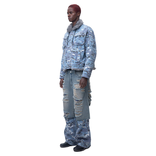 ECLIPSE OF THE BLOOD MOON DISTRESSED DENIM BLUE CAMOUFLAGE LAYERED PANTS