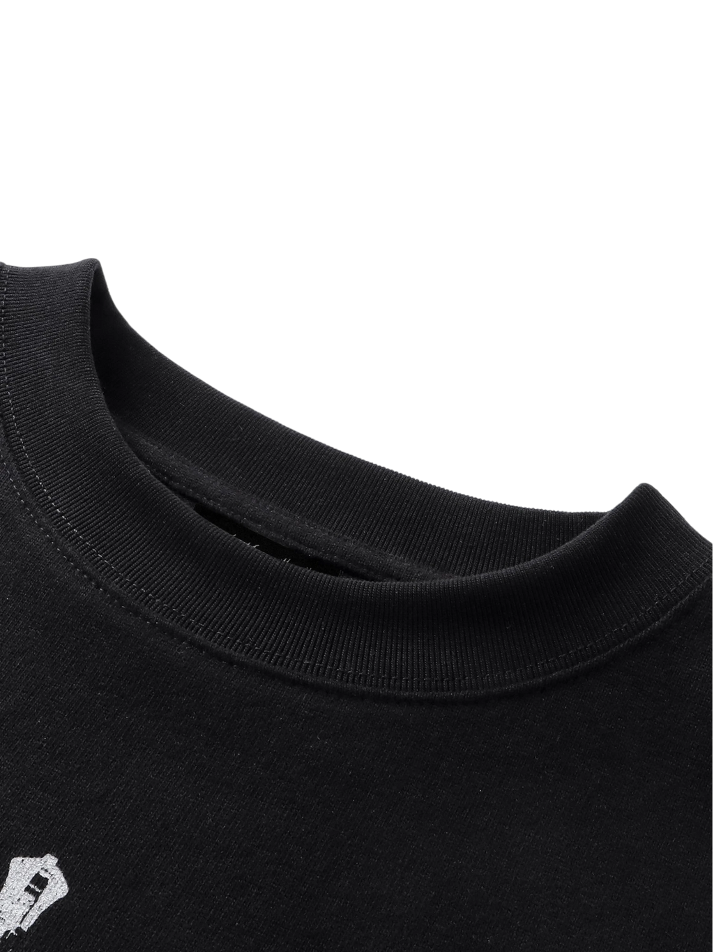 Close-up of the distressed knight print on TBHNP dark grey tee — men's streetwear detail