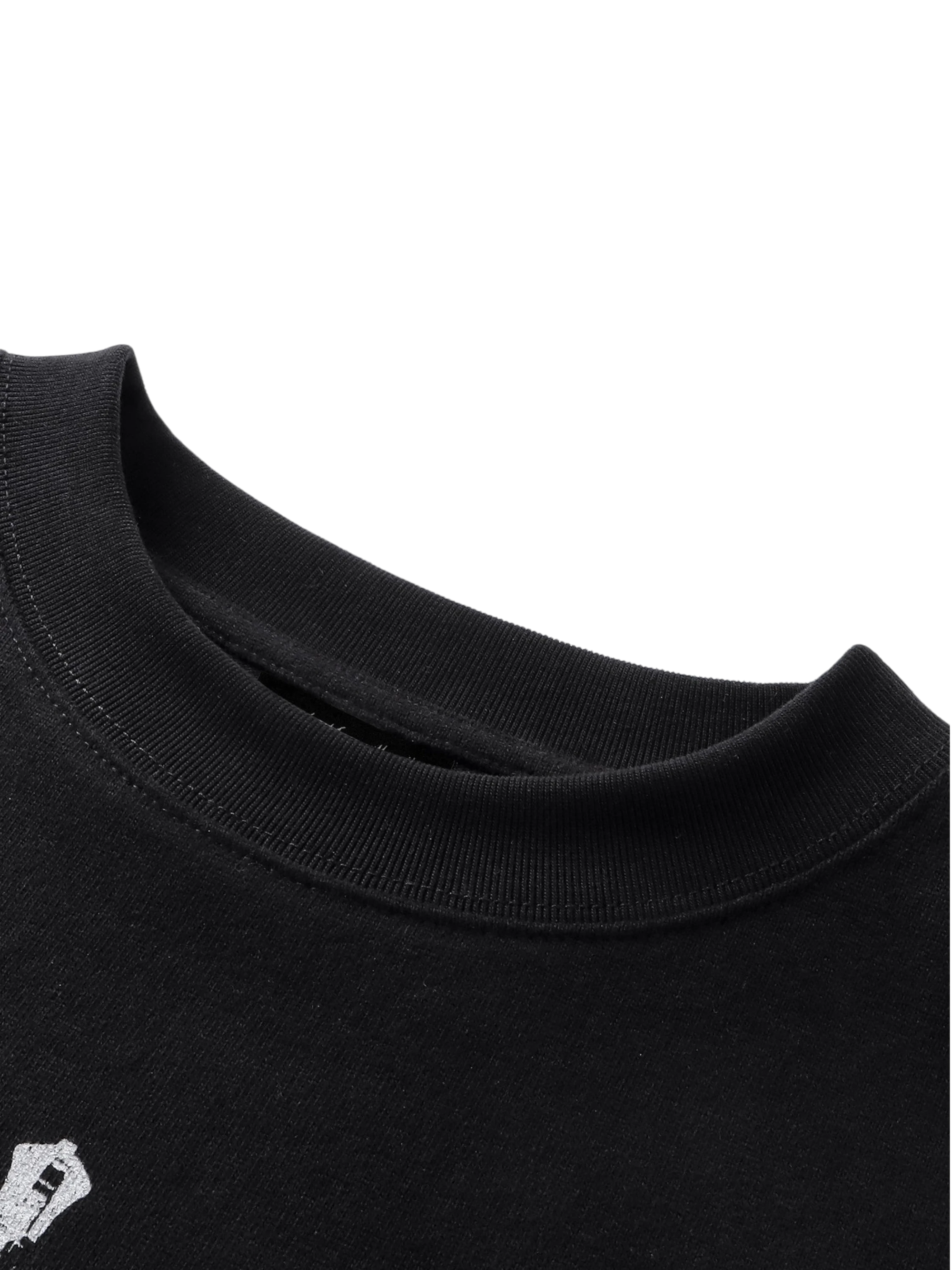 Close-up of the distressed knight print on TBHNP dark grey tee — men's streetwear detail