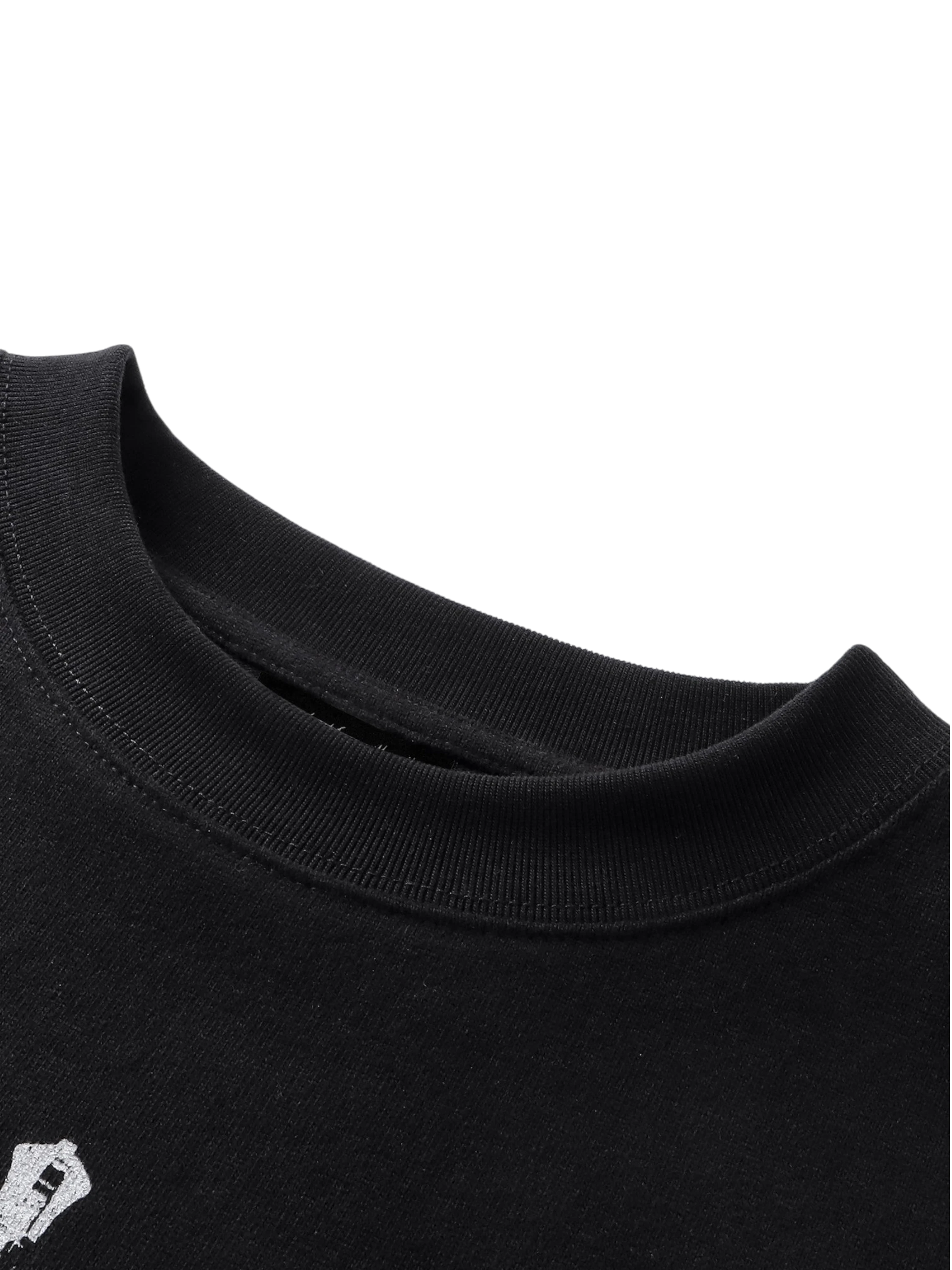Close-up of the distressed knight print on TBHNP dark grey tee — men's streetwear detail