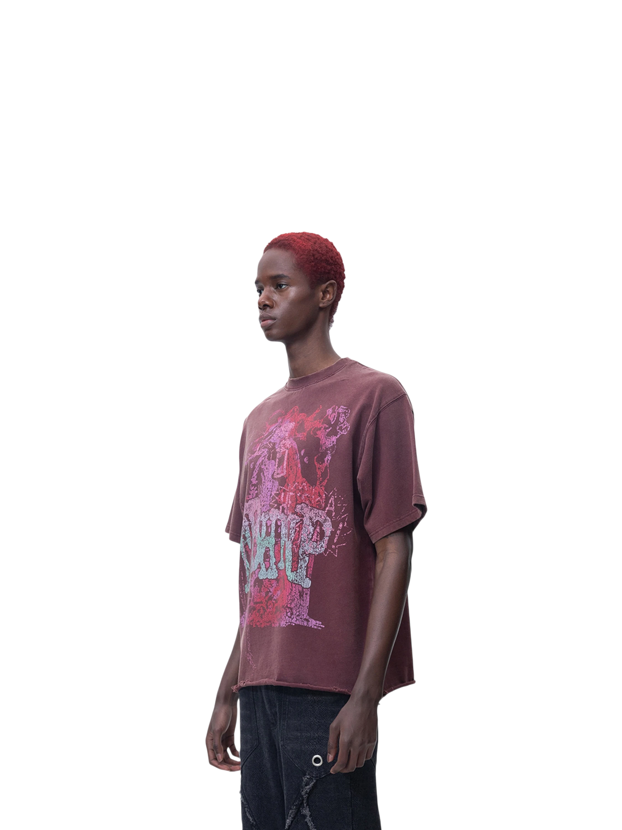 Model styling TBHNP burgundy Wraith Sorcerer tee, front detail — men's streetwear tee