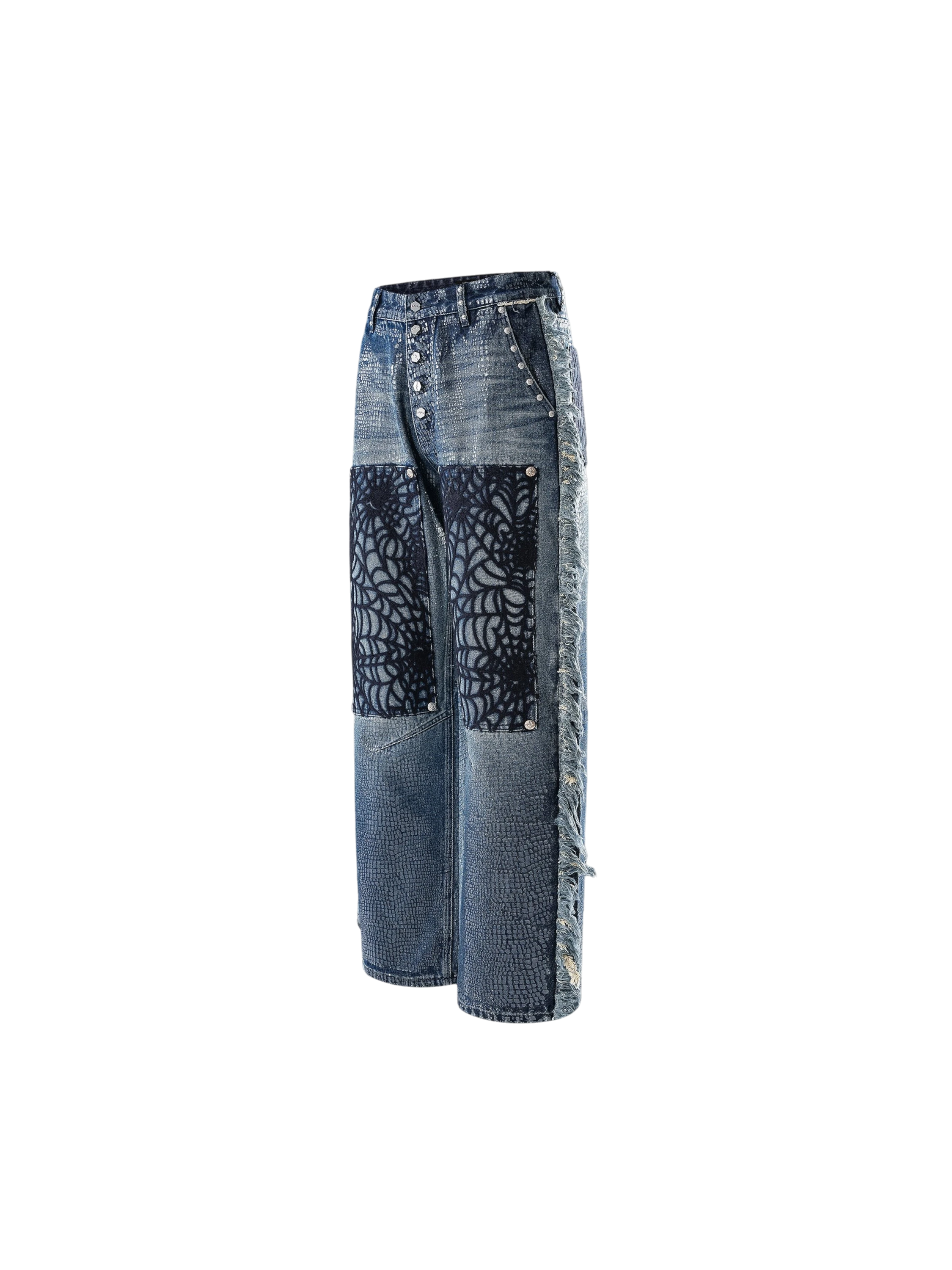 TBHNP Luminous Dawn cobweb fringed baggy jeans — men's streetwear denim