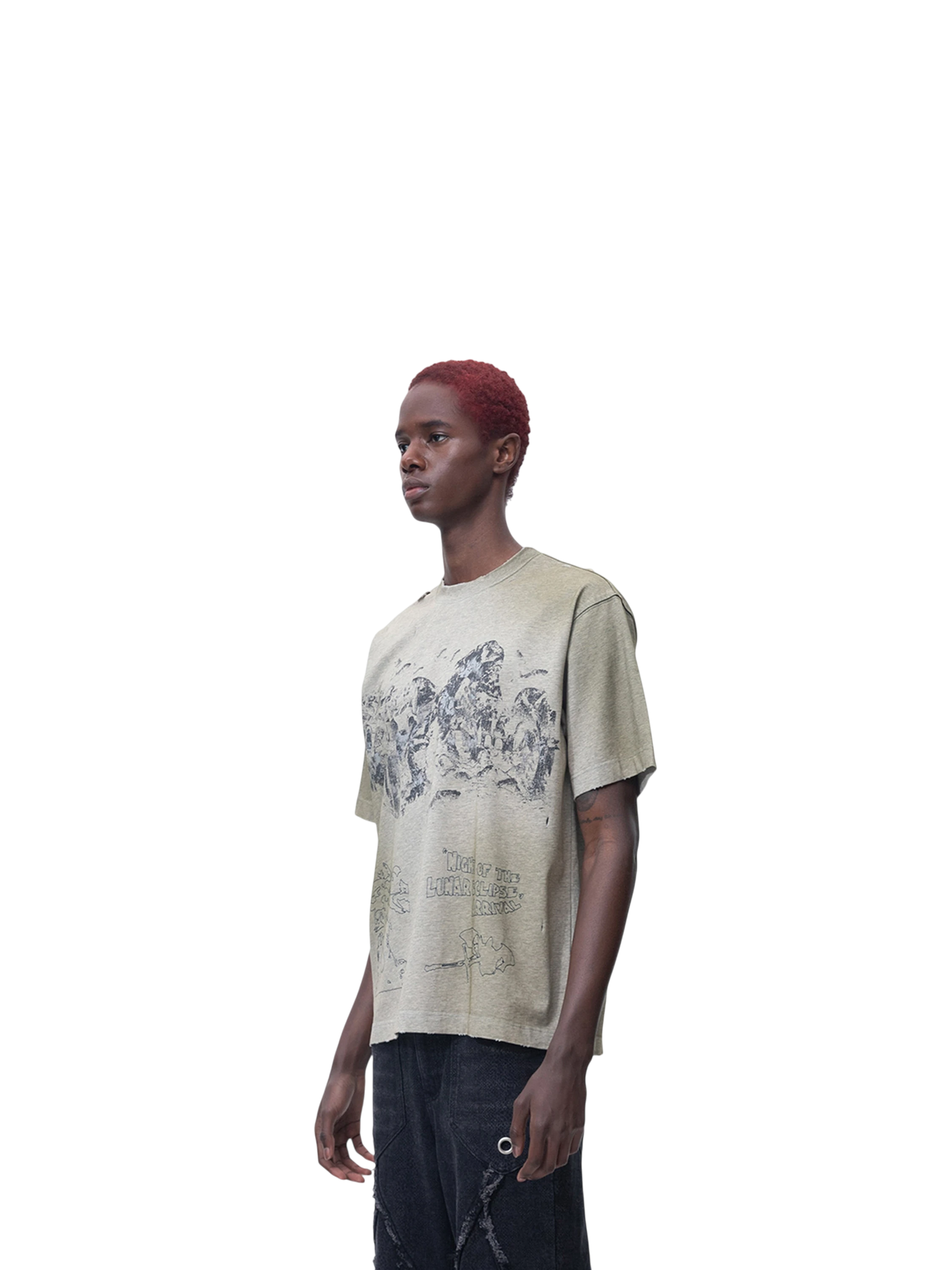 Model styling TBHNP floral-grey deconstructed short-sleeve tee, front — men's streetwear tee