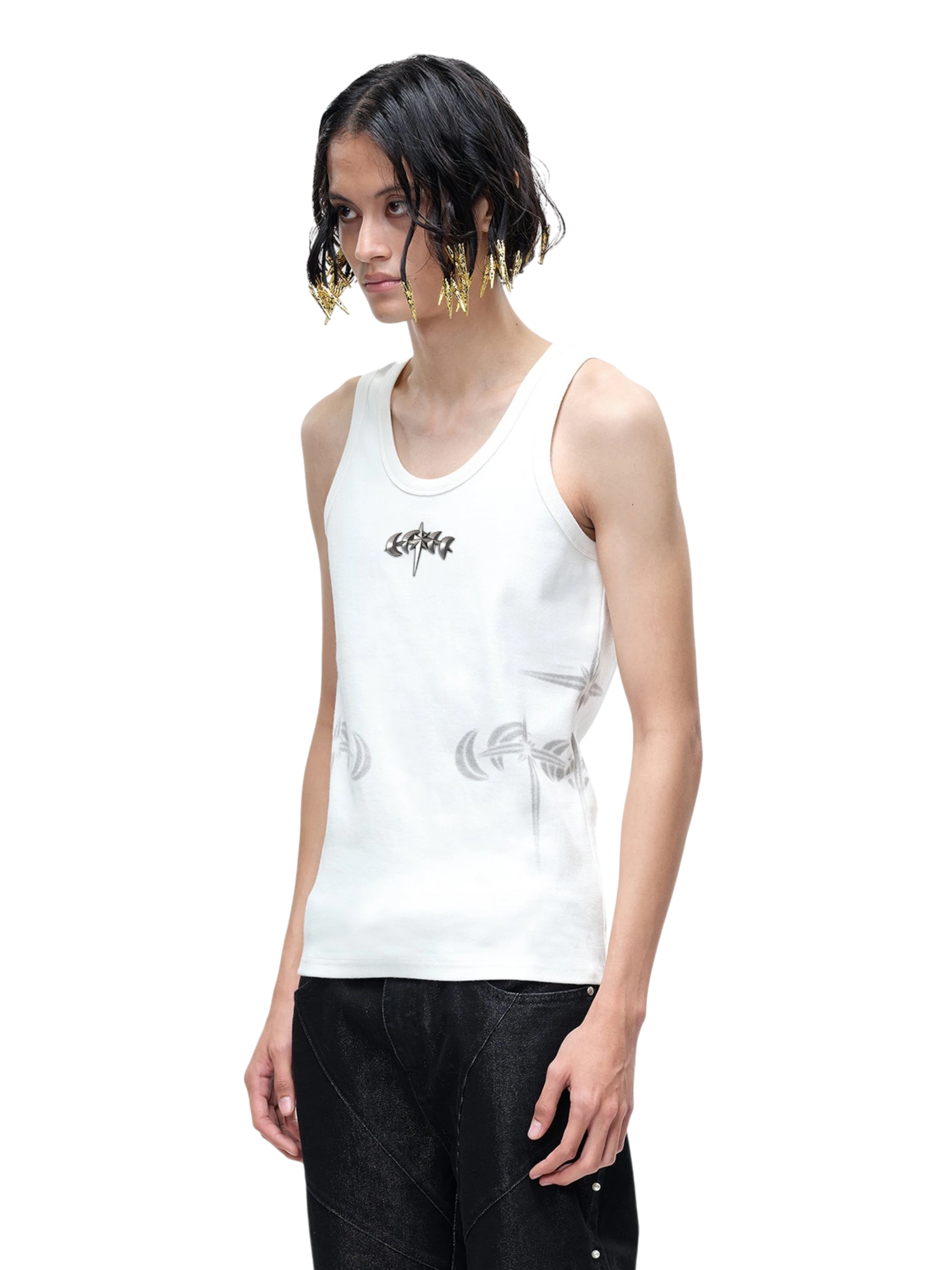 TBHNP Luminous Dawn ribbed cotton tank top with metal astral logo badge — men's streetwear sleeveless tee
