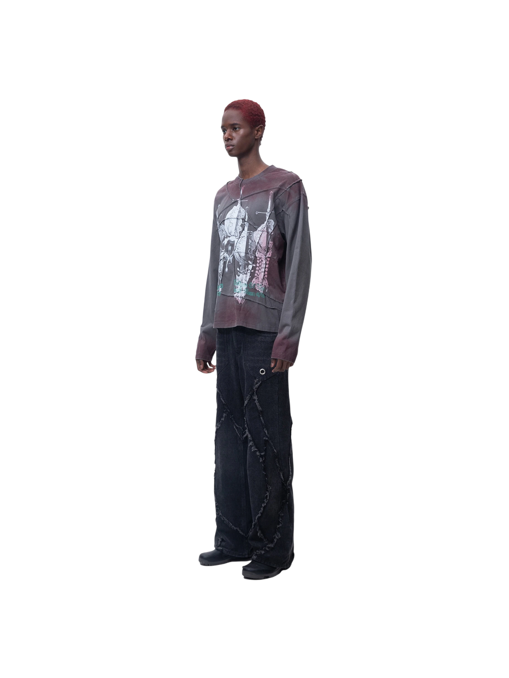 Model in TBHNP black crinkle-wash long-sleeve tee, full-length front — men's streetwear