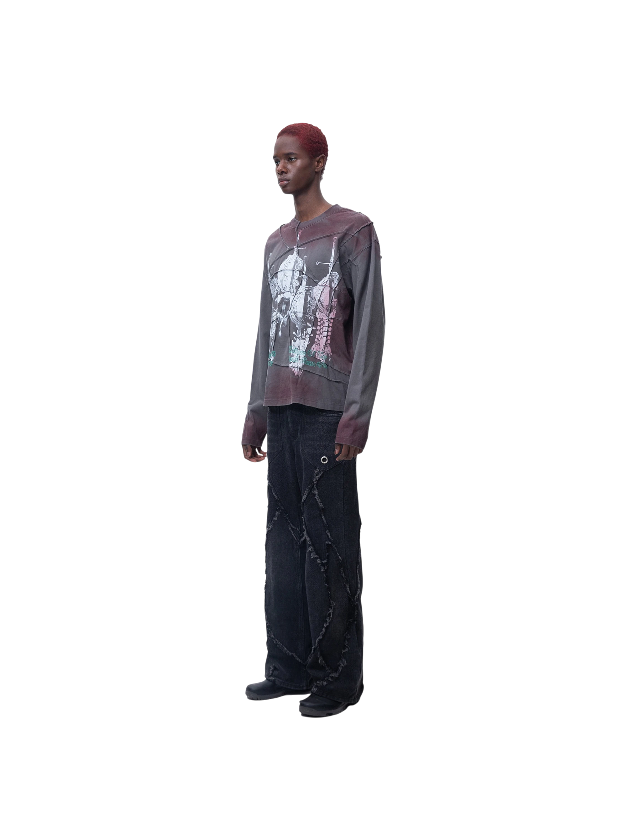 Model in TBHNP black crinkle-wash long-sleeve tee, full-length front — men's streetwear