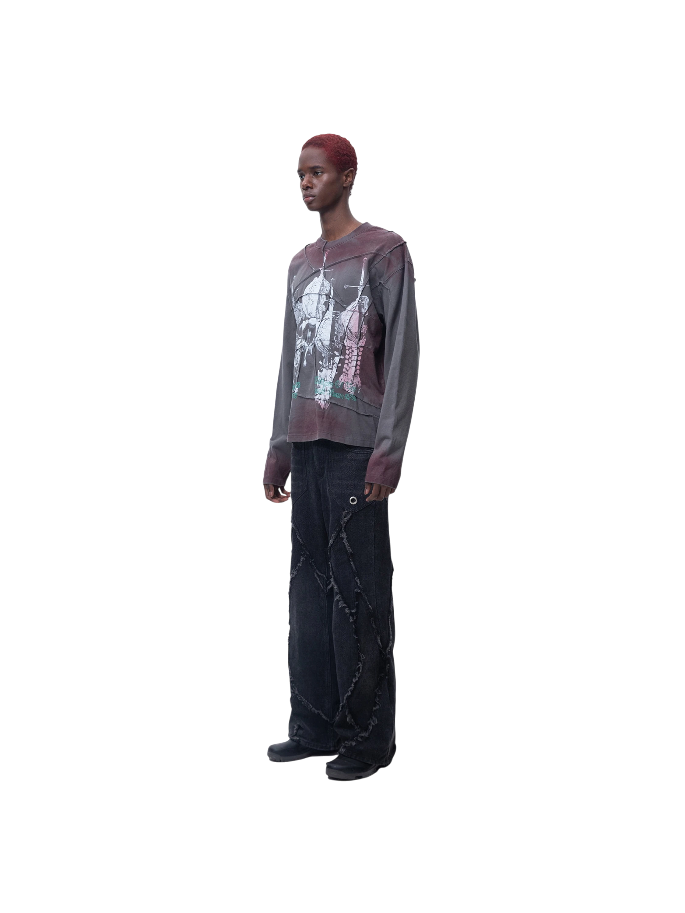 Model in TBHNP black crinkle-wash long-sleeve tee, full-length front — men's streetwear
