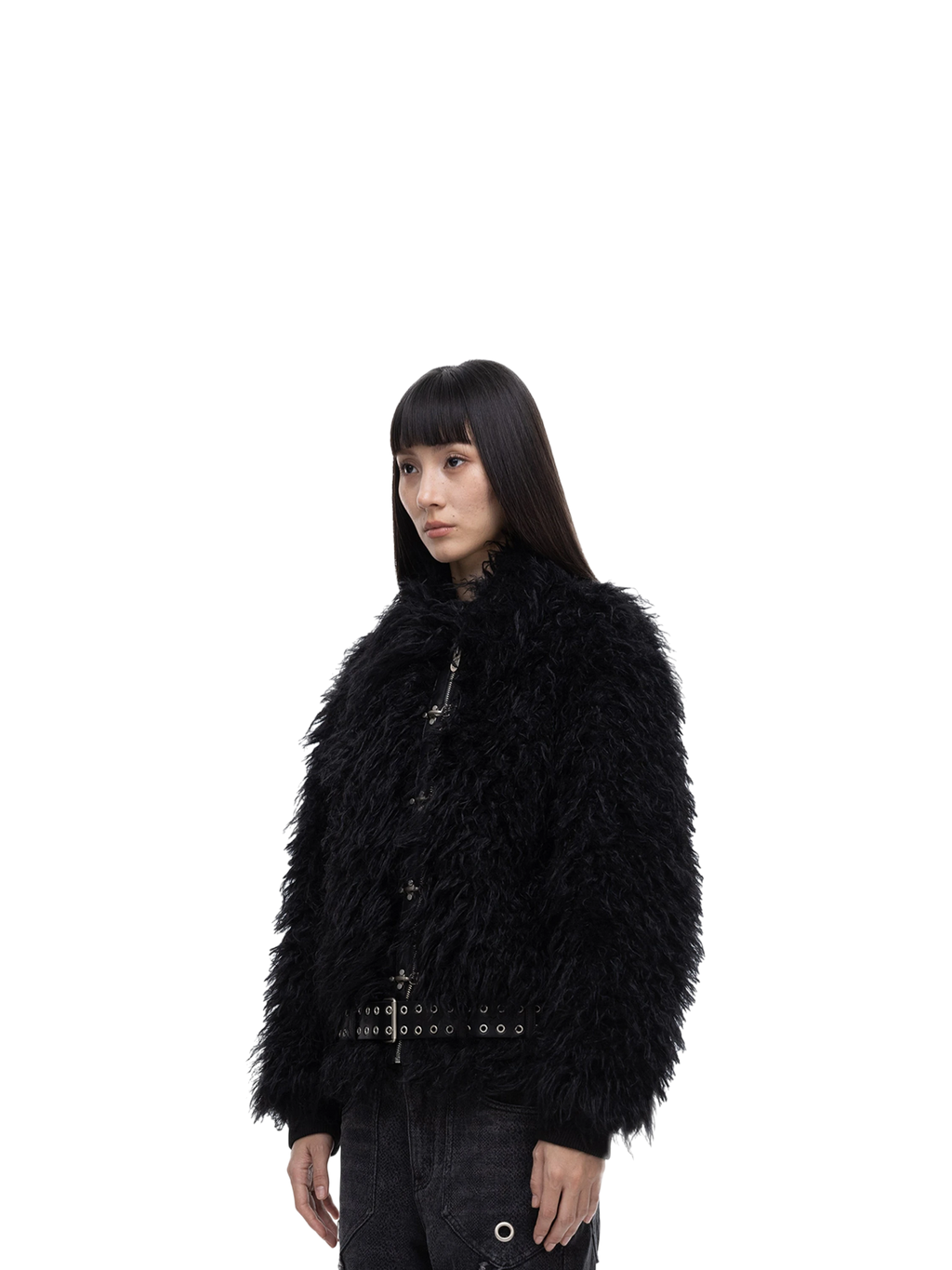 Female model styling TBHNP Eclipse faux-fur bomber, front detail — men's streetwear jacket