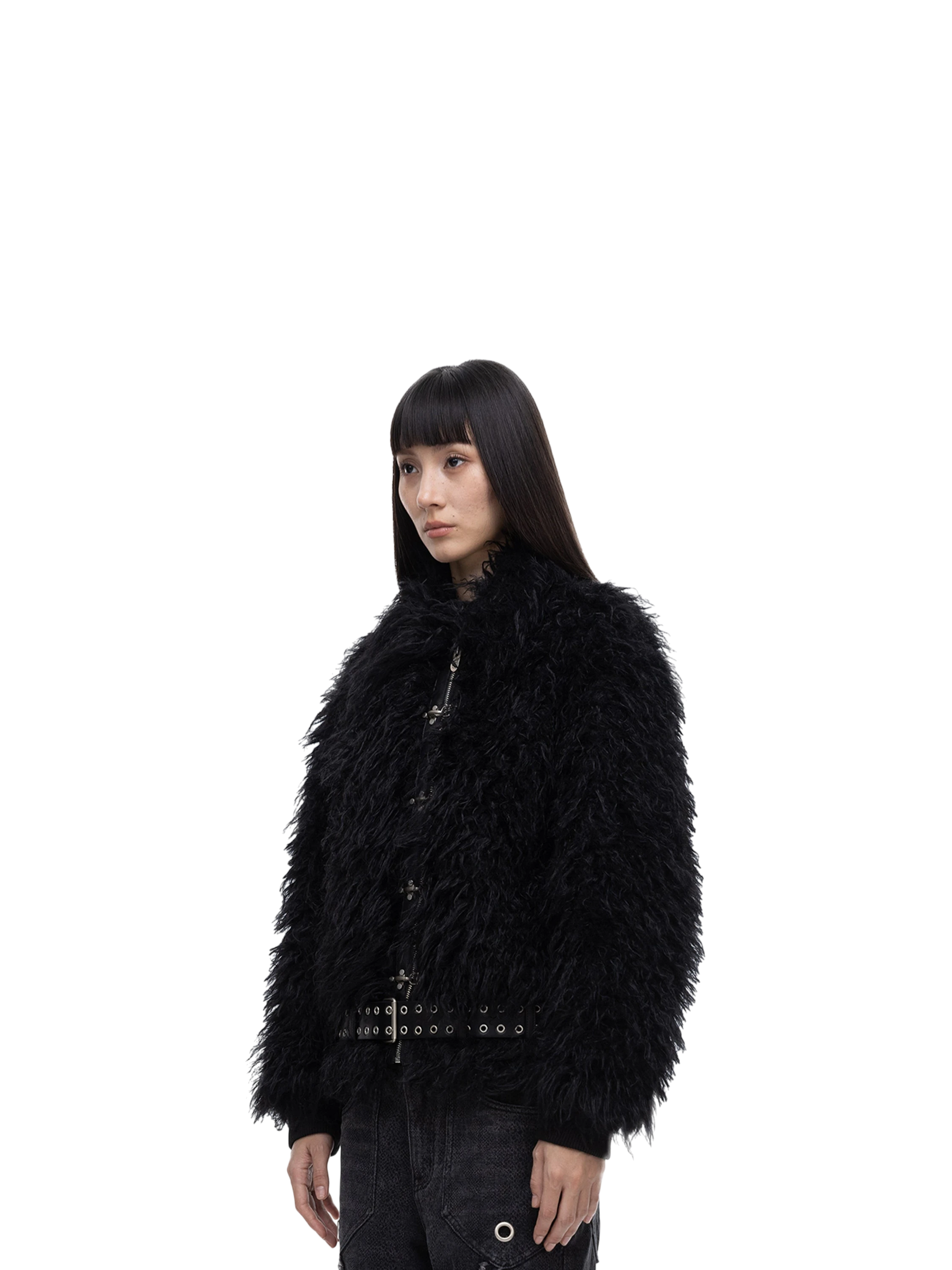 Female model styling TBHNP Eclipse faux-fur bomber, front detail — men's streetwear jacket