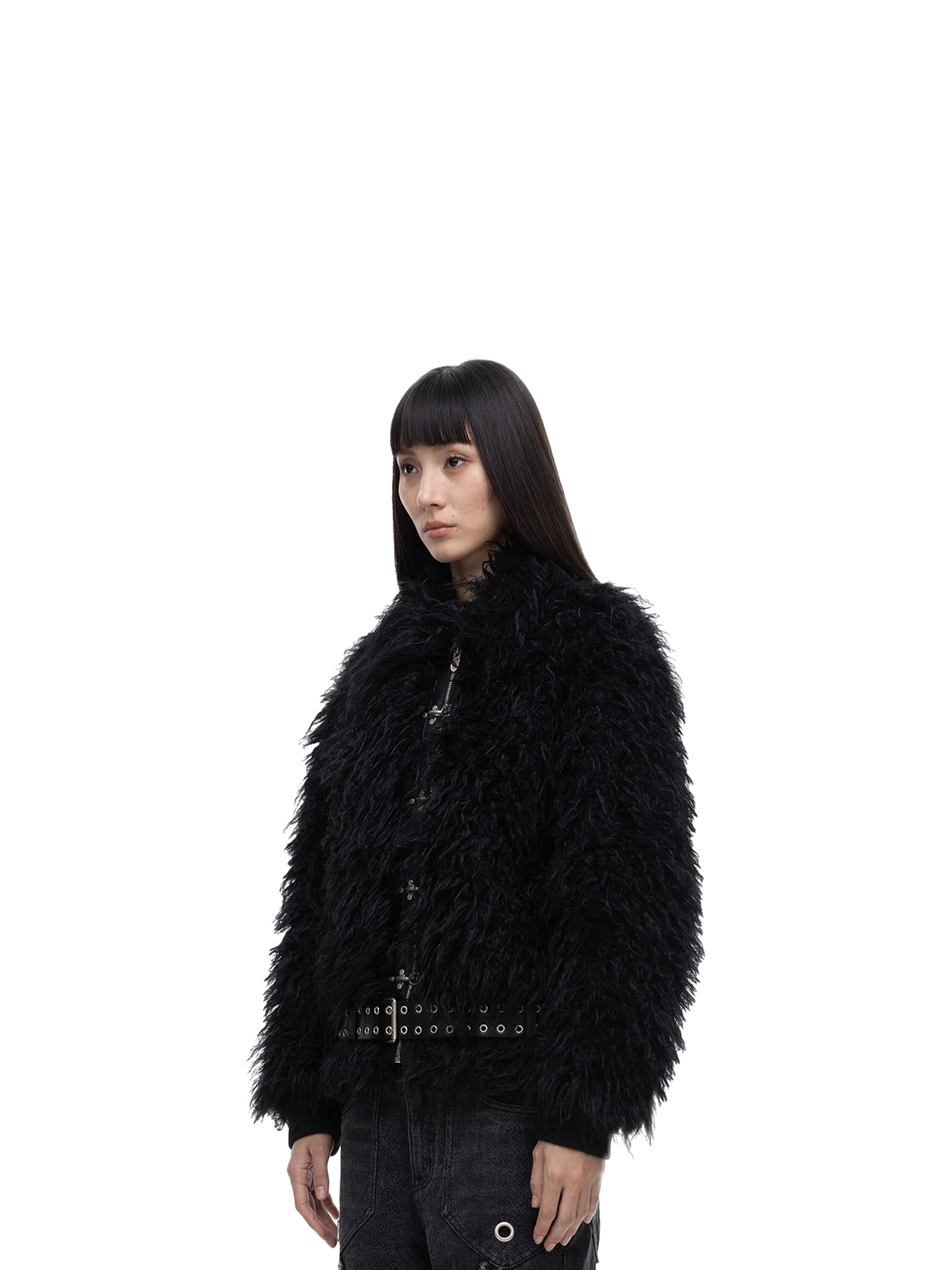 Female model styling TBHNP Eclipse faux-fur bomber, front detail — men's streetwear jacket