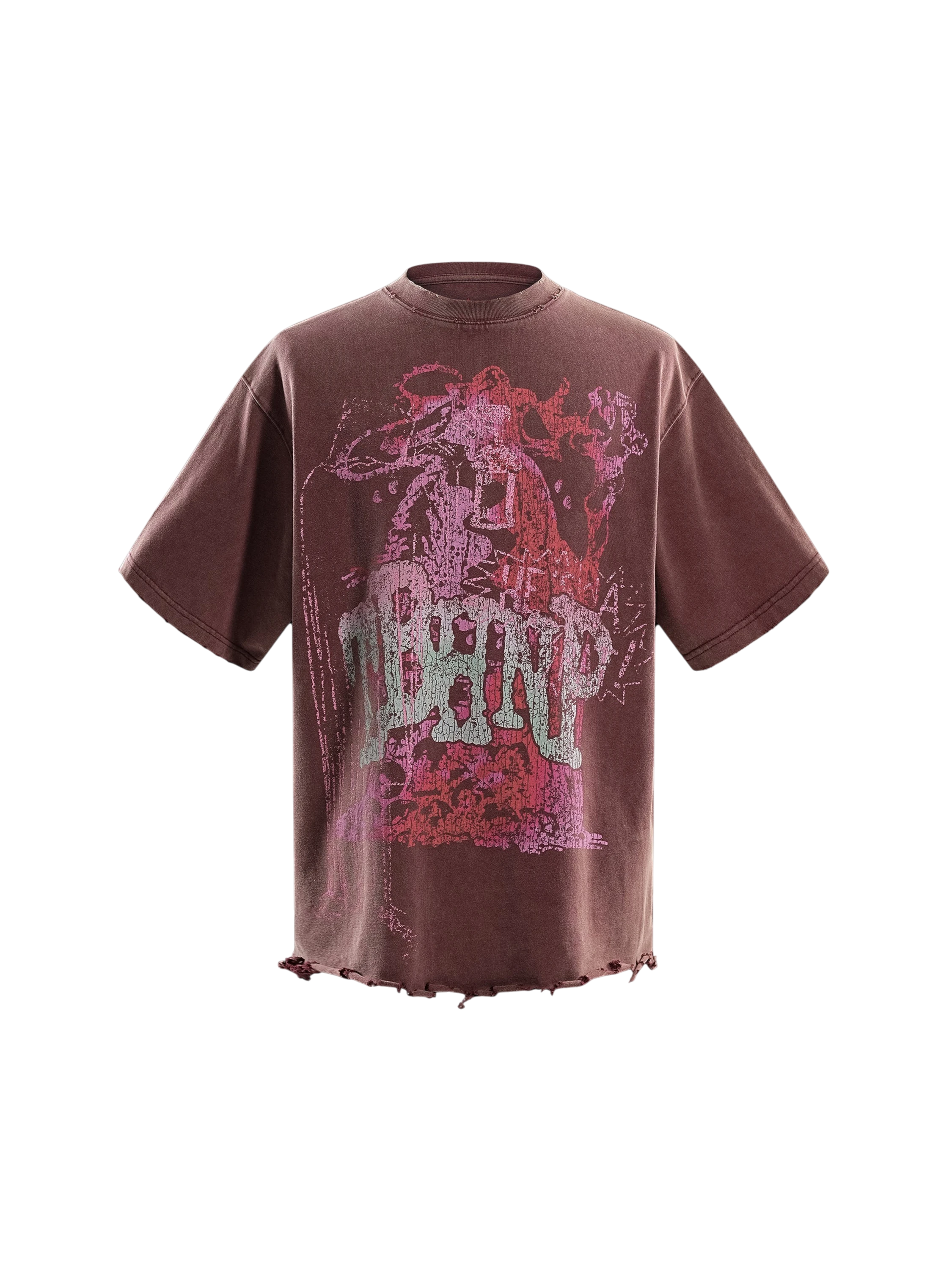 TBHNP Wraith Sorcerer destroyed tee in burgundy, back flat-lay — men's streetwear tee