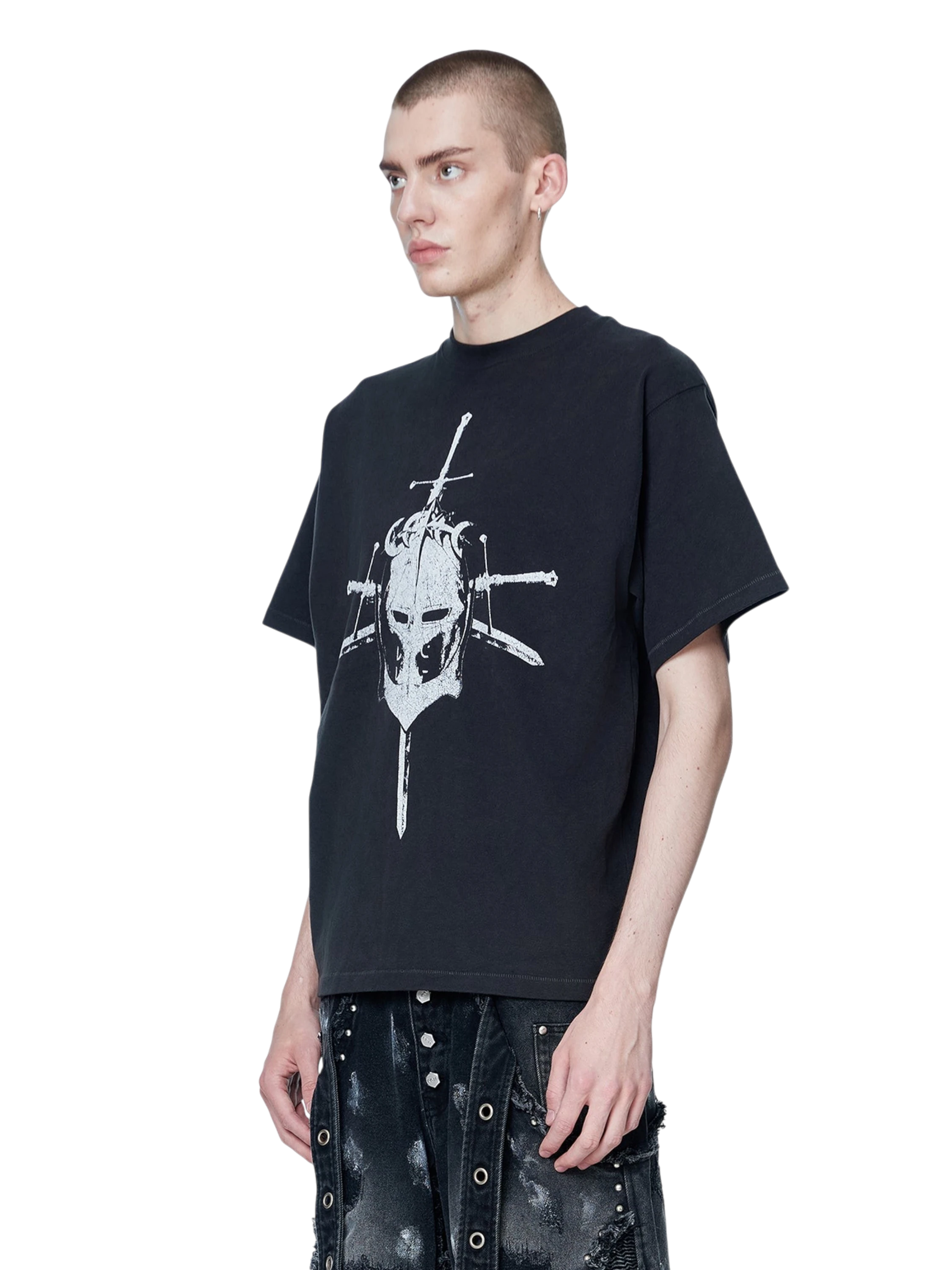 Model styling TBHNP dark grey Knight & Sword tee, front detail — men's streetwear tee