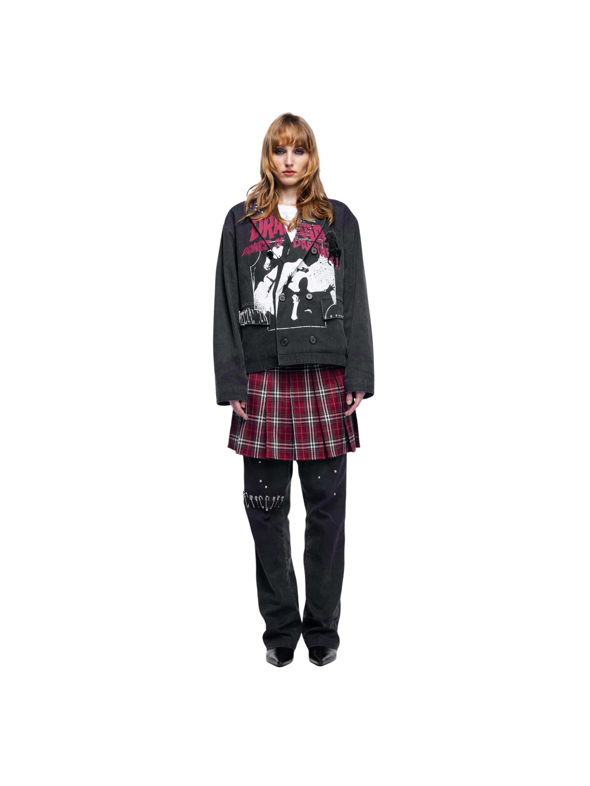 Female model wearing TBHNP black trousers with plaid mini-skirt, full-length front — men's streetwear