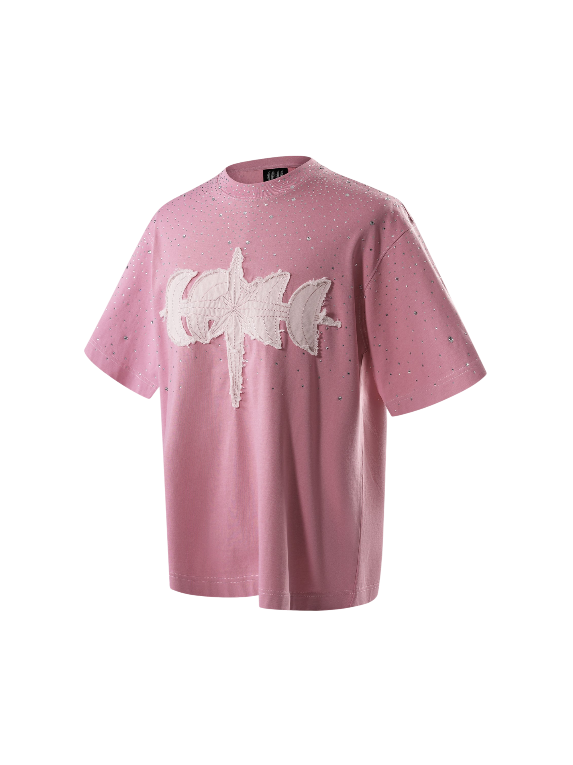 TBHNP Luminous Dawn washed boxy cotton t-shirt with rhinestones and patch embroidery — men's streetwear graphic tee