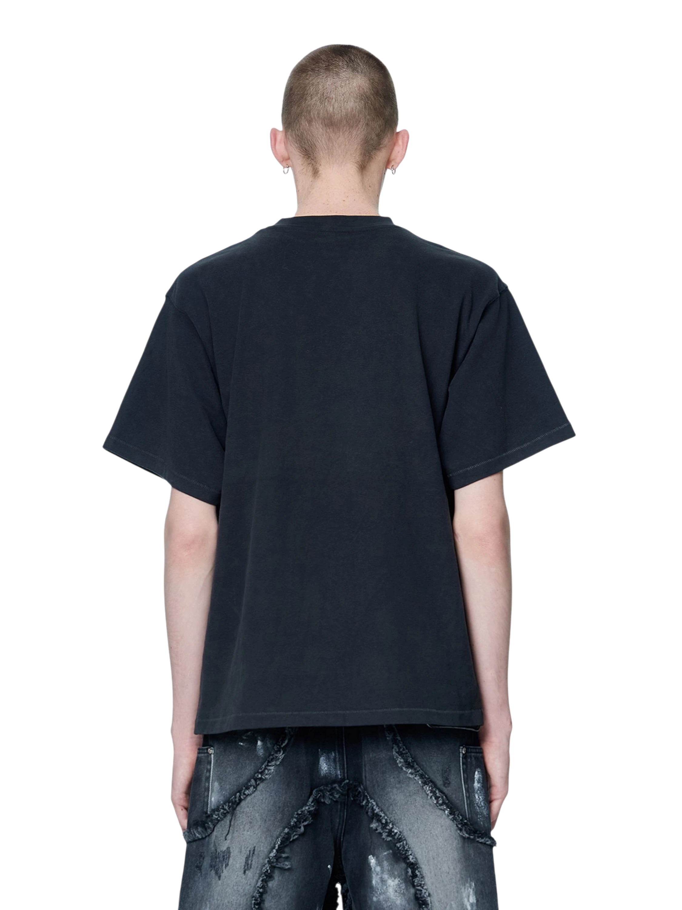 Model wearing TBHNP dark grey Knight & Sword tee, back view — men's streetwear tee