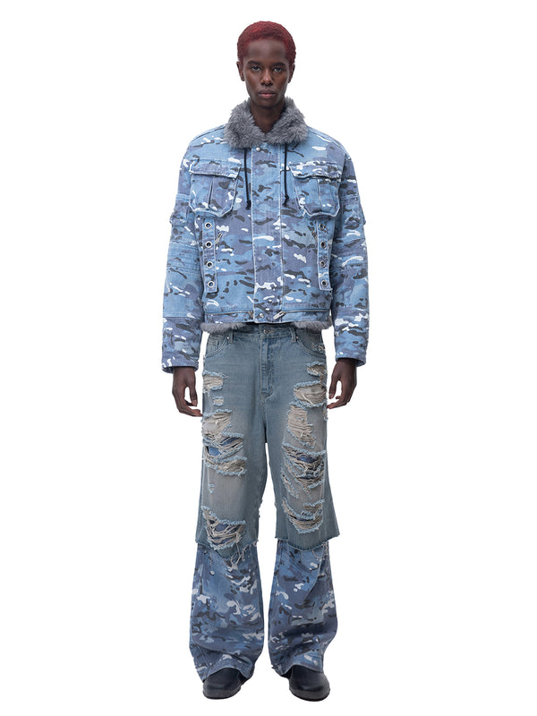 ECLIPSE OF THE BLOOD MOON DISTRESSED DENIM BLUE CAMOUFLAGE LAYERED PANTS