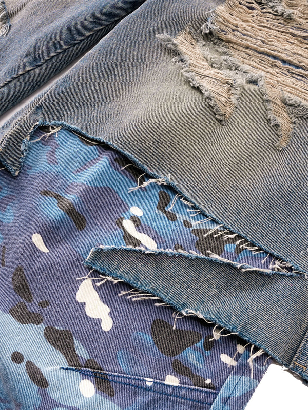 ECLIPSE OF THE BLOOD MOON DISTRESSED DENIM BLUE CAMOUFLAGE LAYERED PANTS