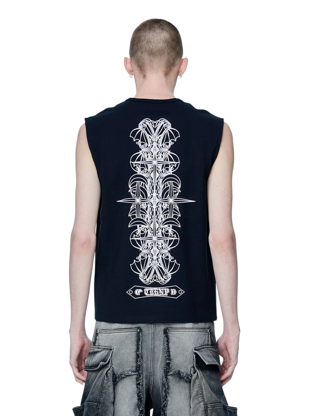 Model wearing TBHNP black Shadowbat vest, back view with flocked bat print — men's streetwear sleeveless tee