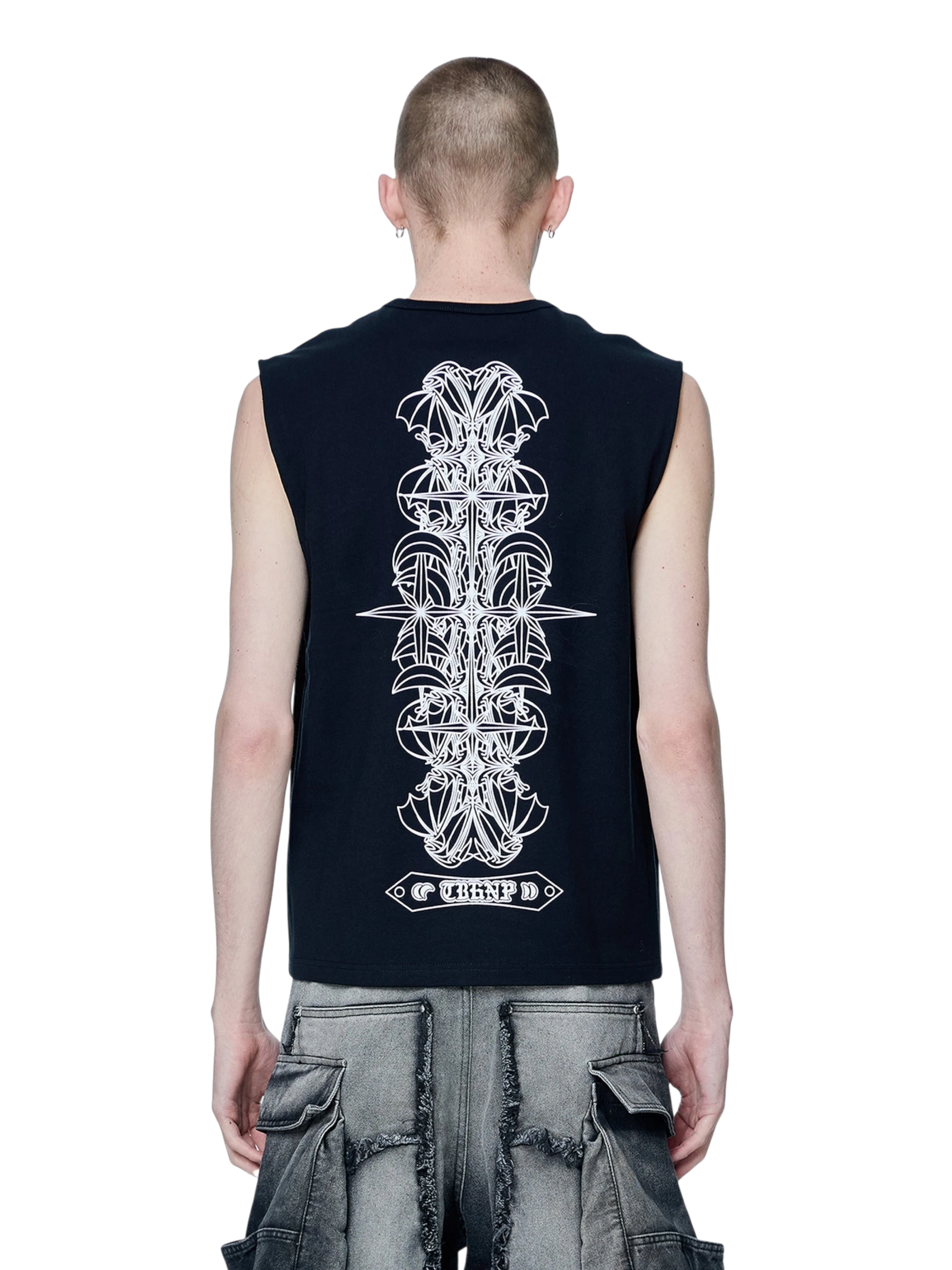 Model wearing TBHNP black Shadowbat vest, back view with flocked bat print — men's streetwear sleeveless tee