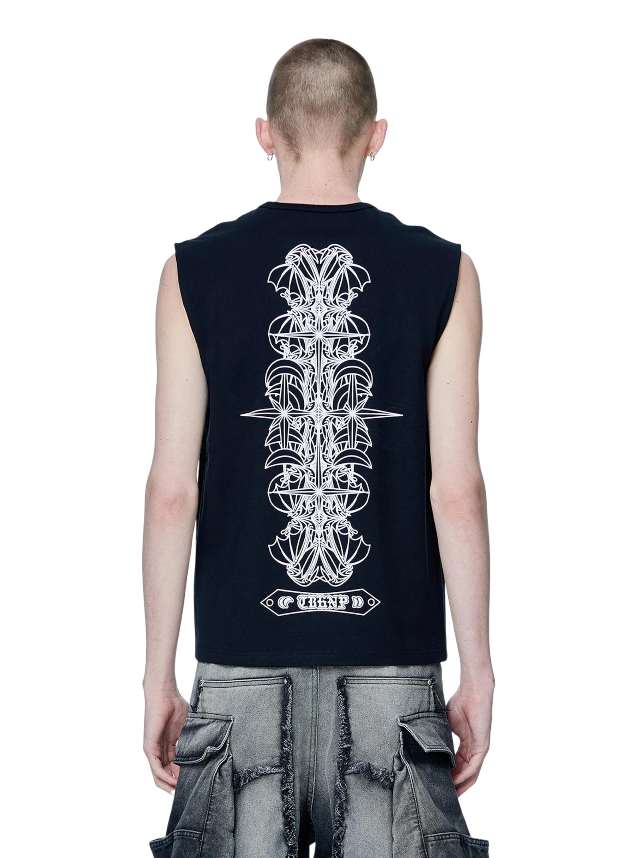 Model wearing TBHNP black Shadowbat vest, back view with flocked bat print — men's streetwear sleeveless tee
